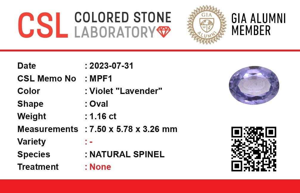 1.15 Ct. Spinel from Ceylon (Sri Lanka)