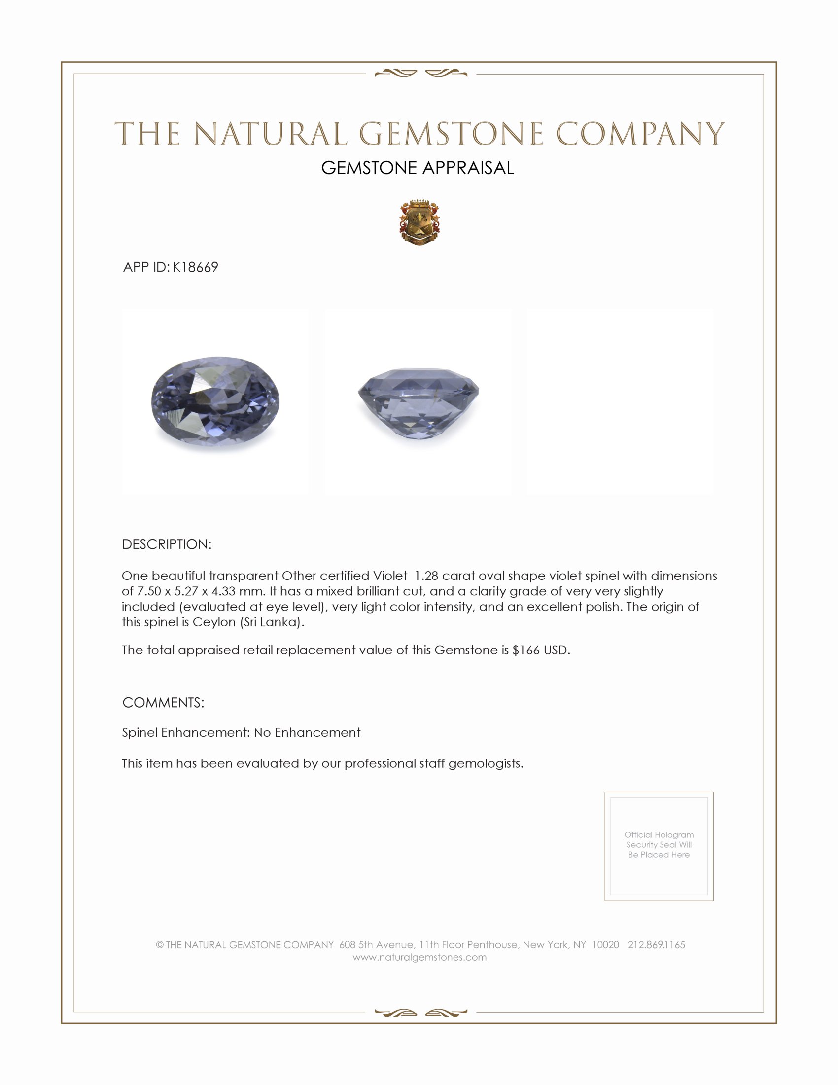 1.28 Ct. Spinel from Ceylon (Sri Lanka)