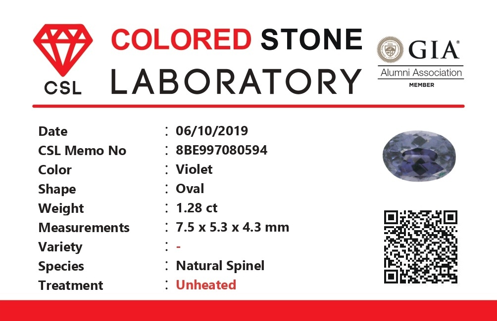 1.28 Ct. Spinel from Ceylon (Sri Lanka)