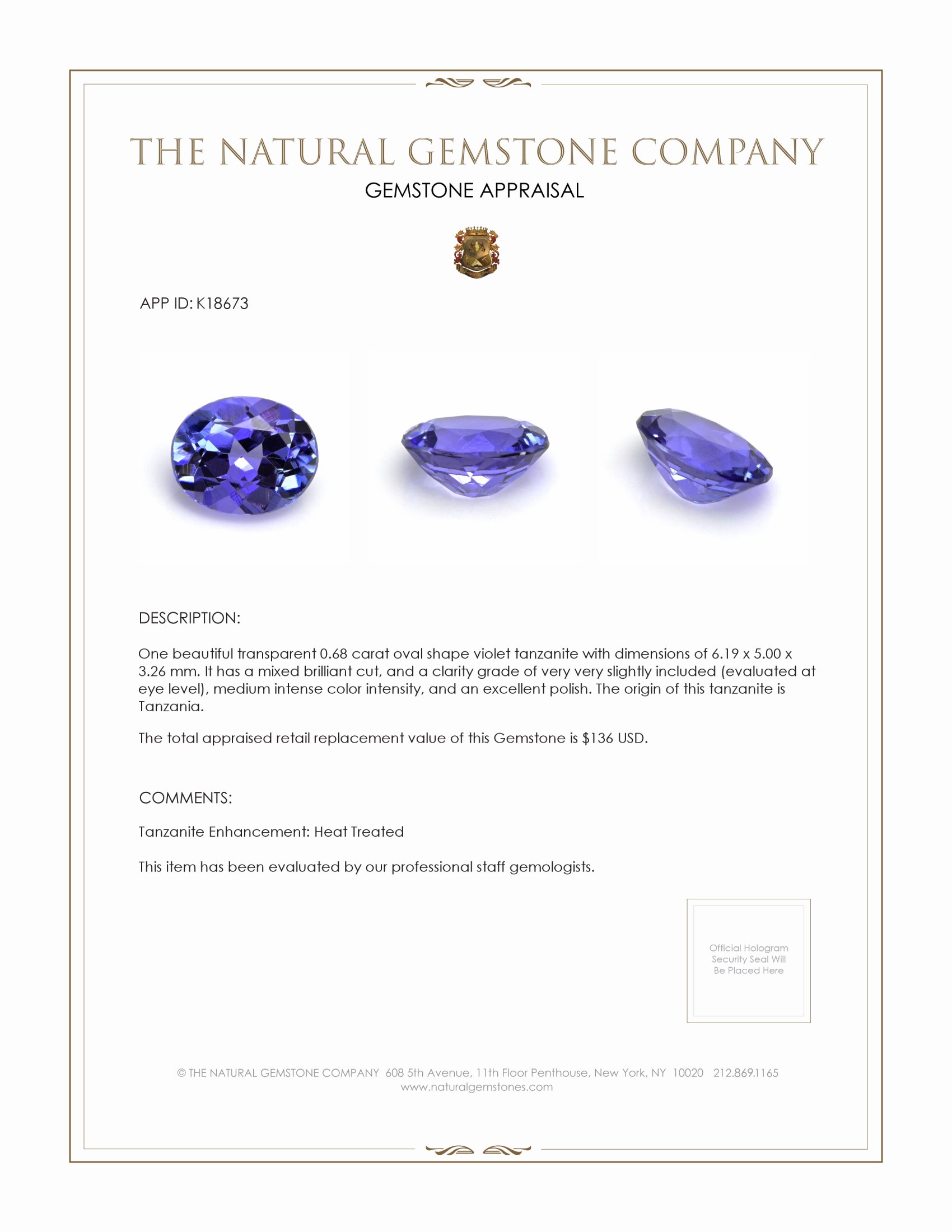 0.68 Ct. Violetish Blue Tanzanite from Tanzania