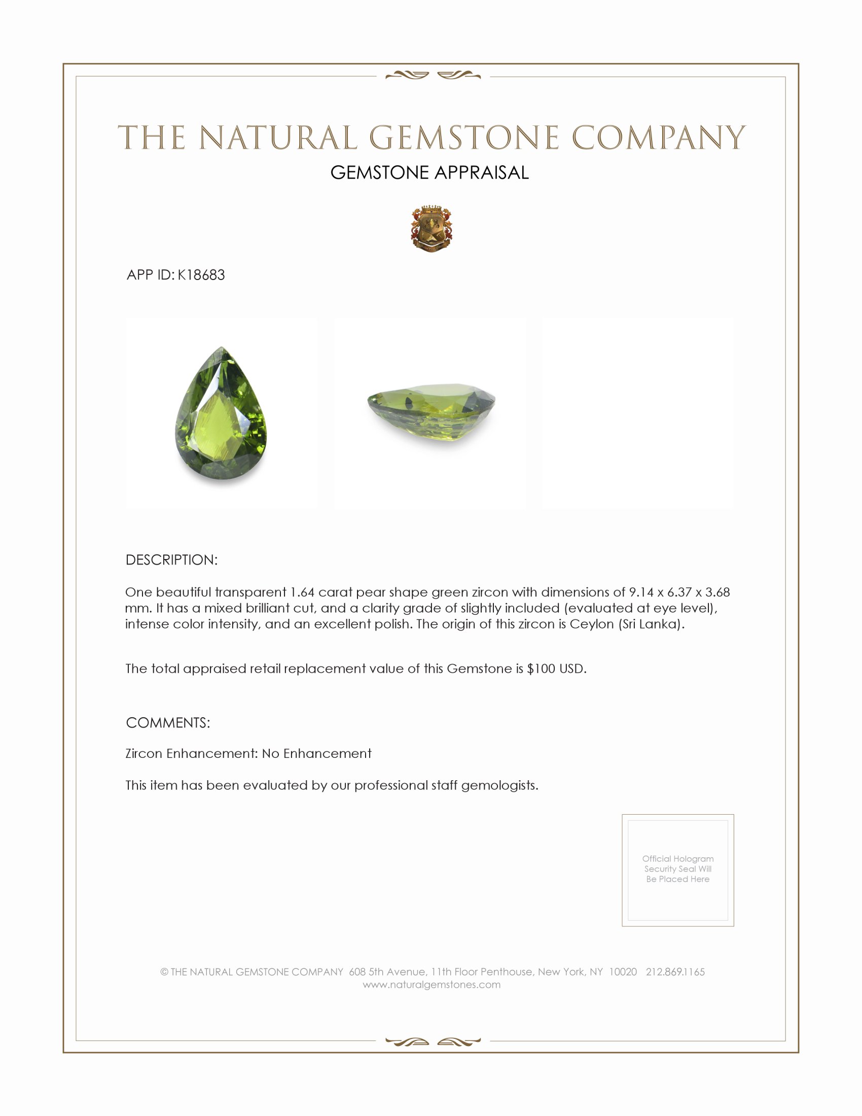 1.64 Ct. Green Zircon from Ceylon (Sri Lanka)