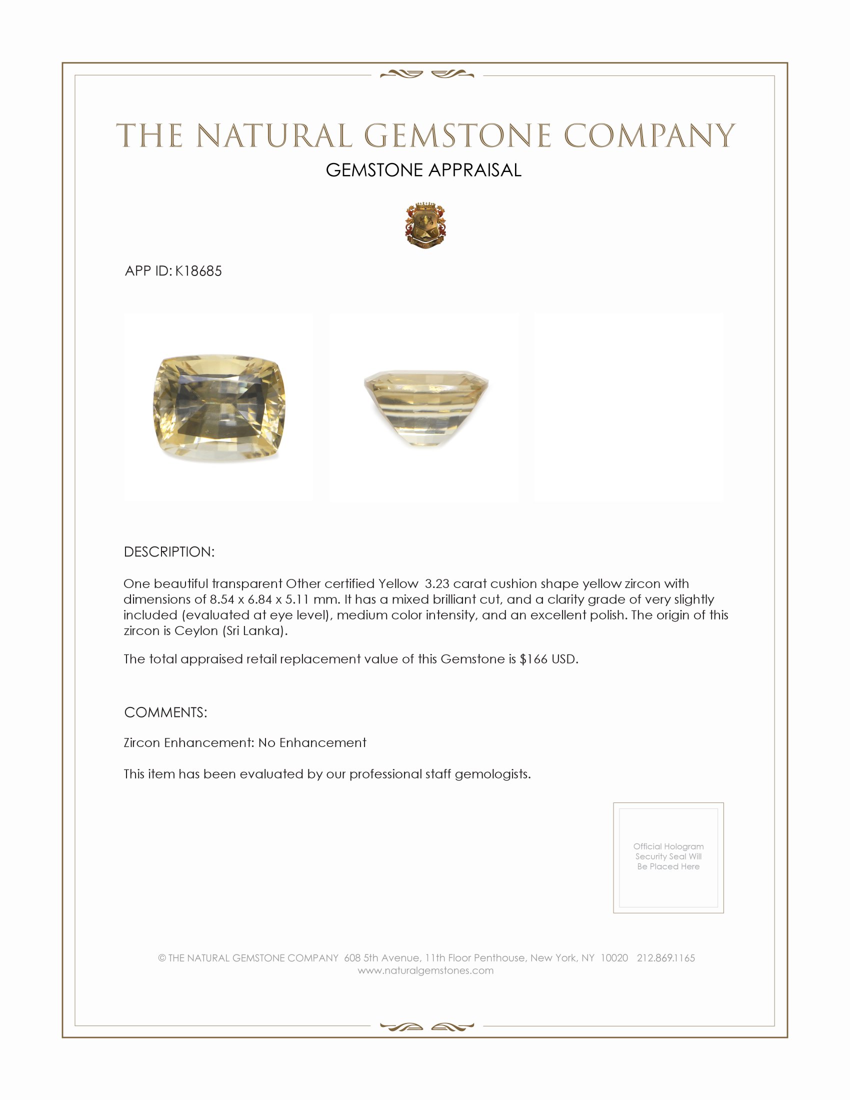 3.23 Ct. Yellow Zircon from Ceylon (Sri Lanka)