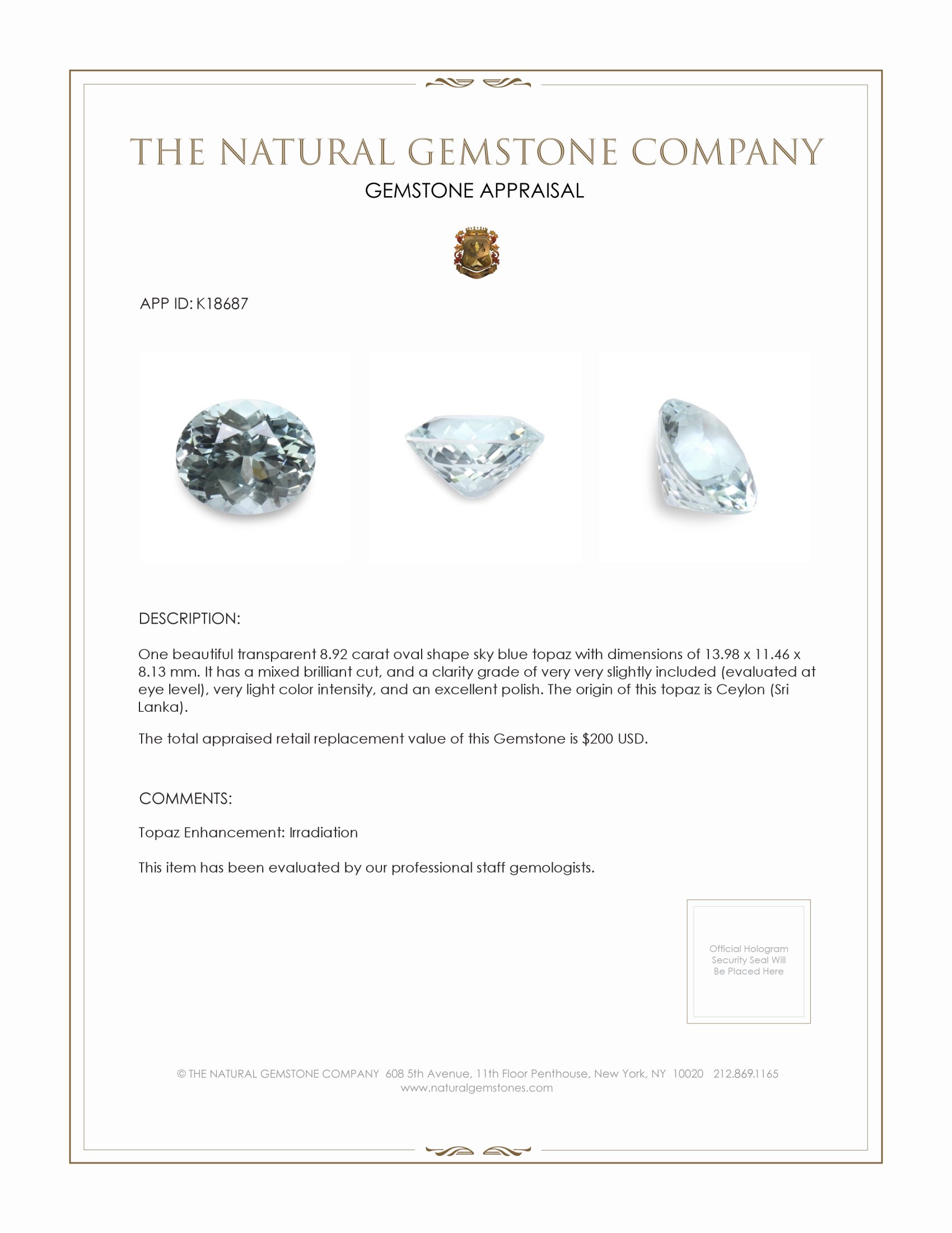 8.92 Ct. Sky Blue Topaz from Ceylon (Sri Lanka)
