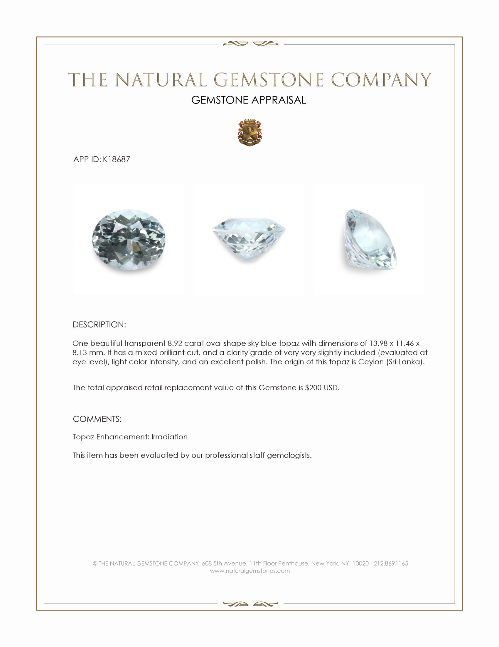 8.92 Ct. Sky Blue Topaz from Ceylon (Sri Lanka)