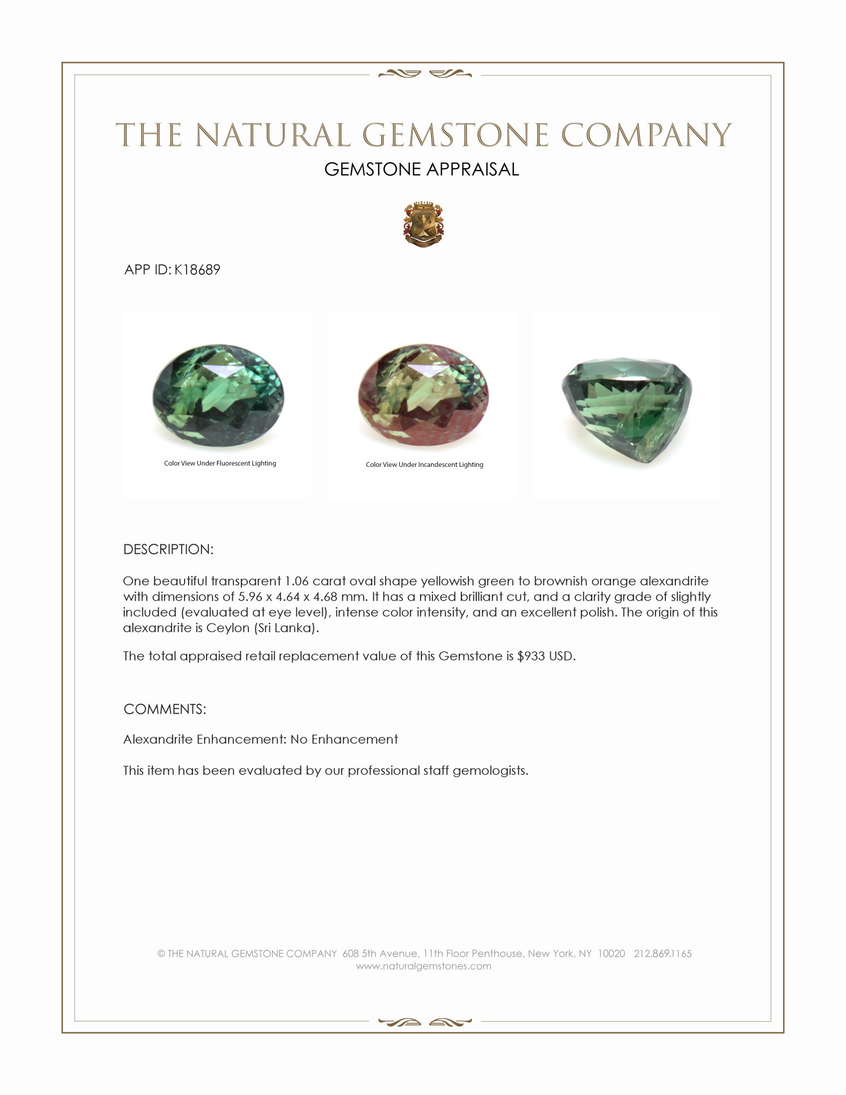 1.06 Ct. Alexandrite from Ceylon (Sri Lanka)