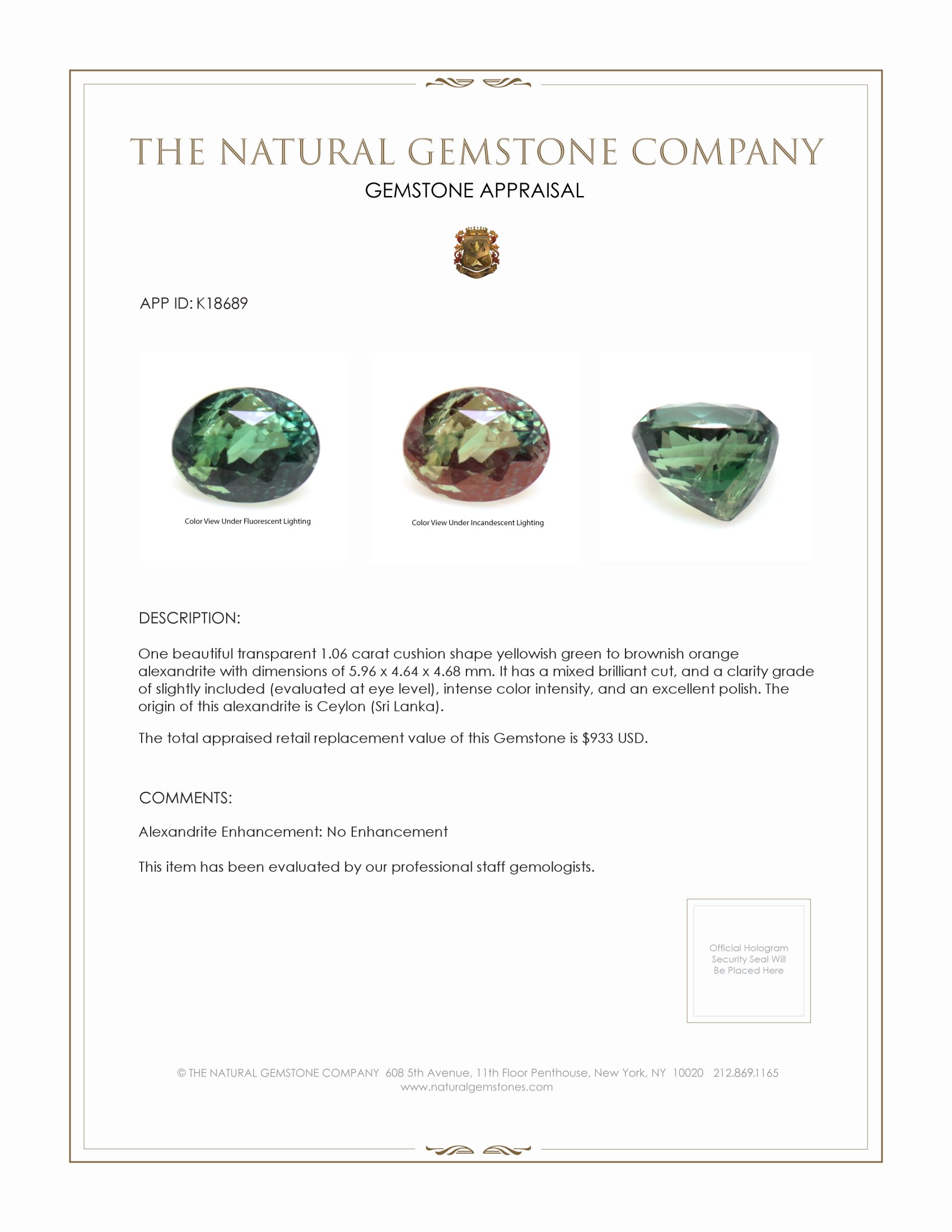 1.06 Ct. Alexandrite from Ceylon (Sri Lanka)