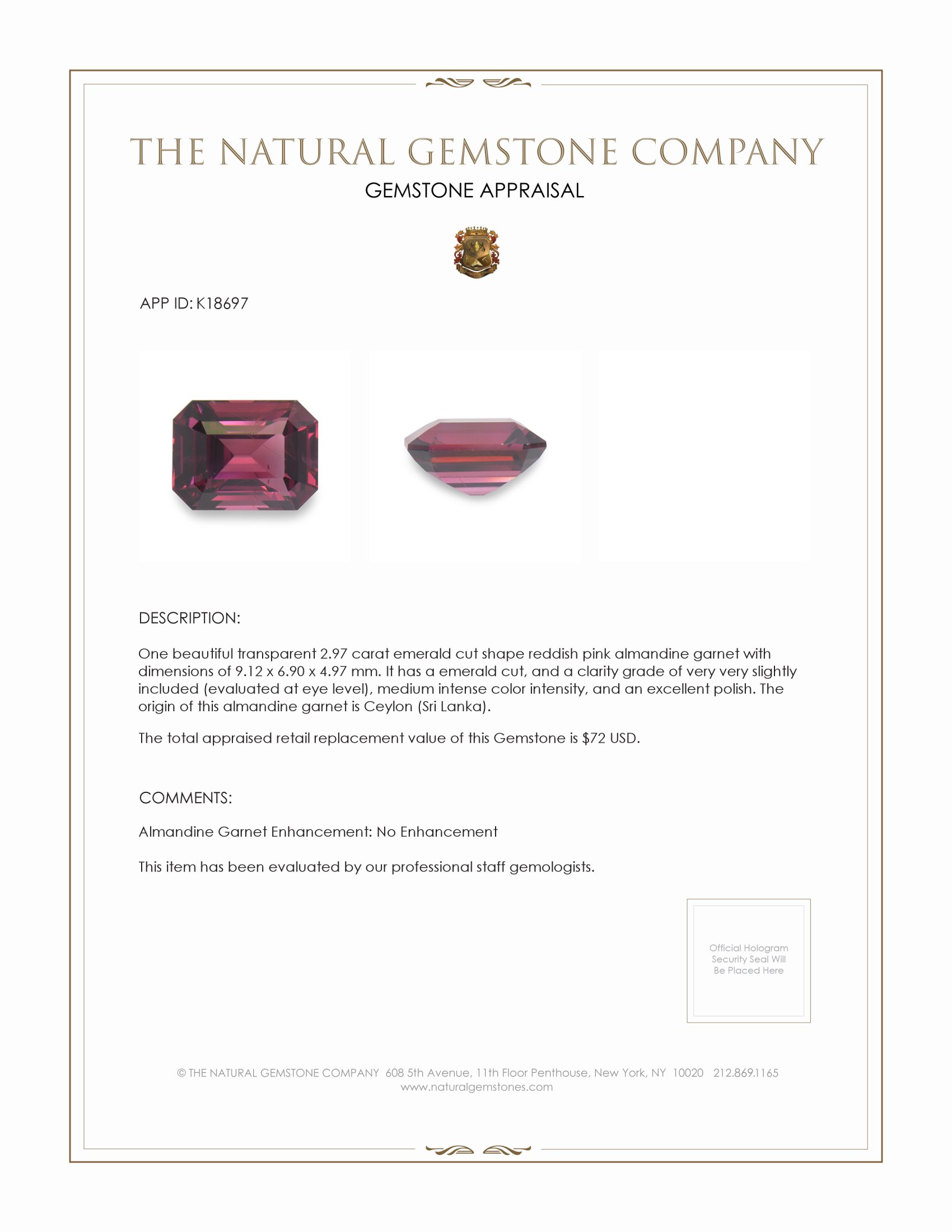 2.97 Ct. Almandine Garnet from Ceylon (Sri Lanka)