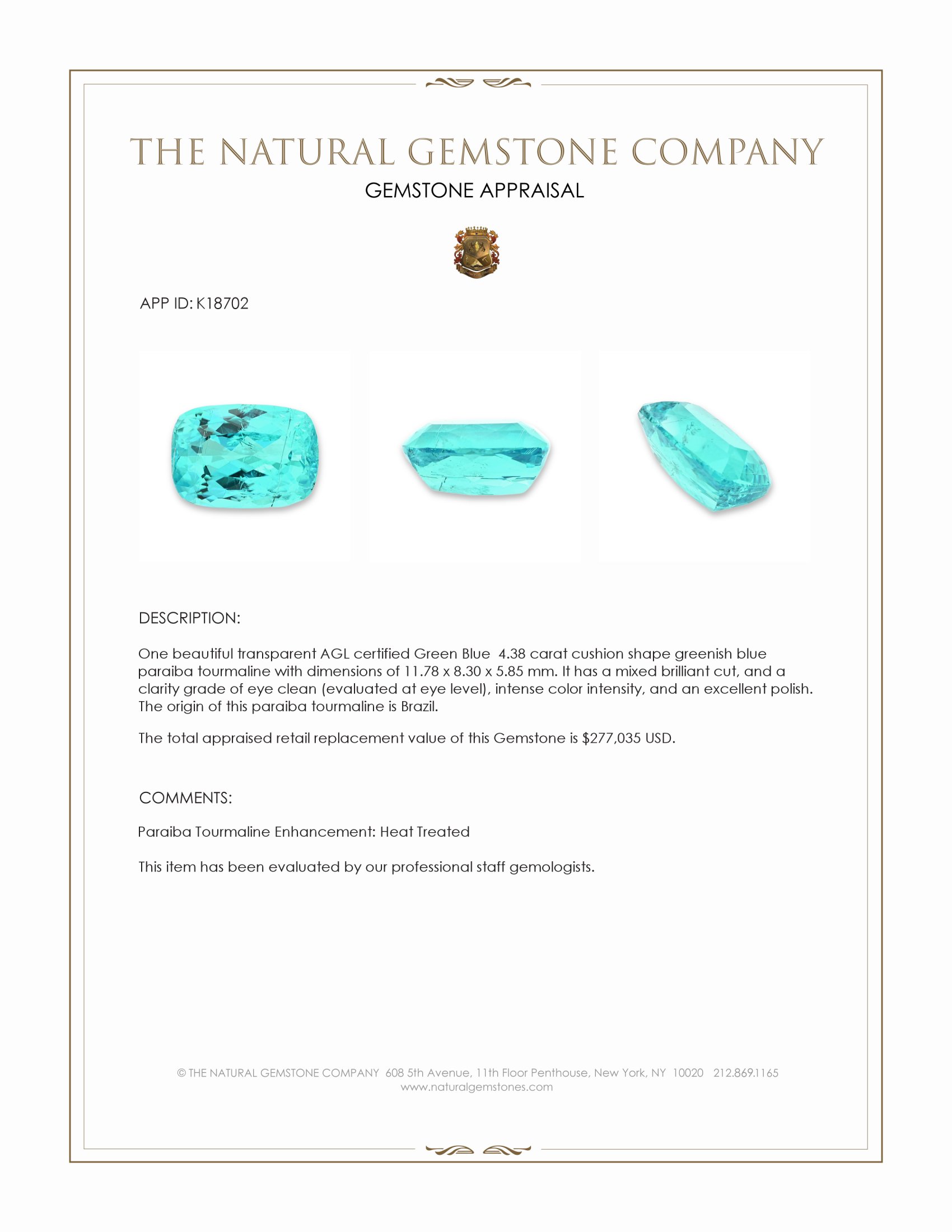 4.38 Ct. Greenish Blue Paraiba Tourmaline from Brazil