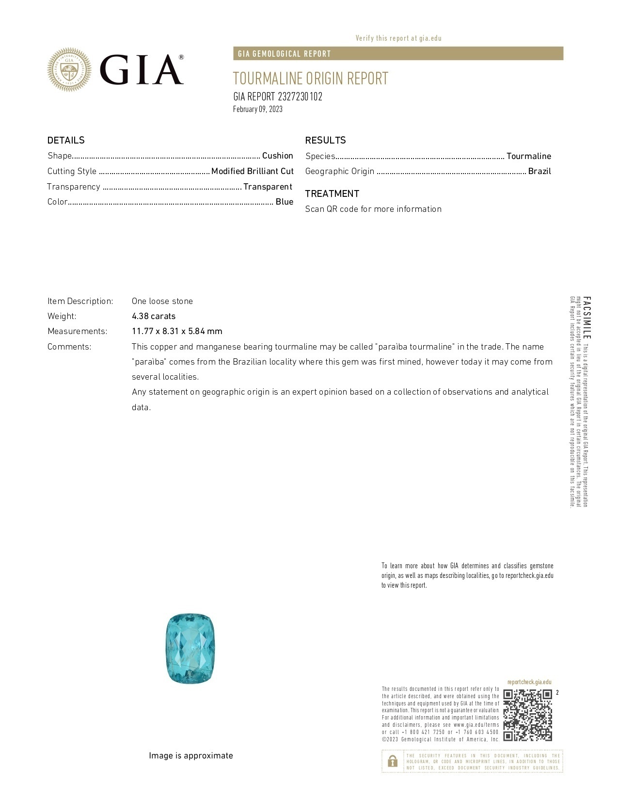 4.38 Ct. Greenish Blue Paraiba Tourmaline from Brazil