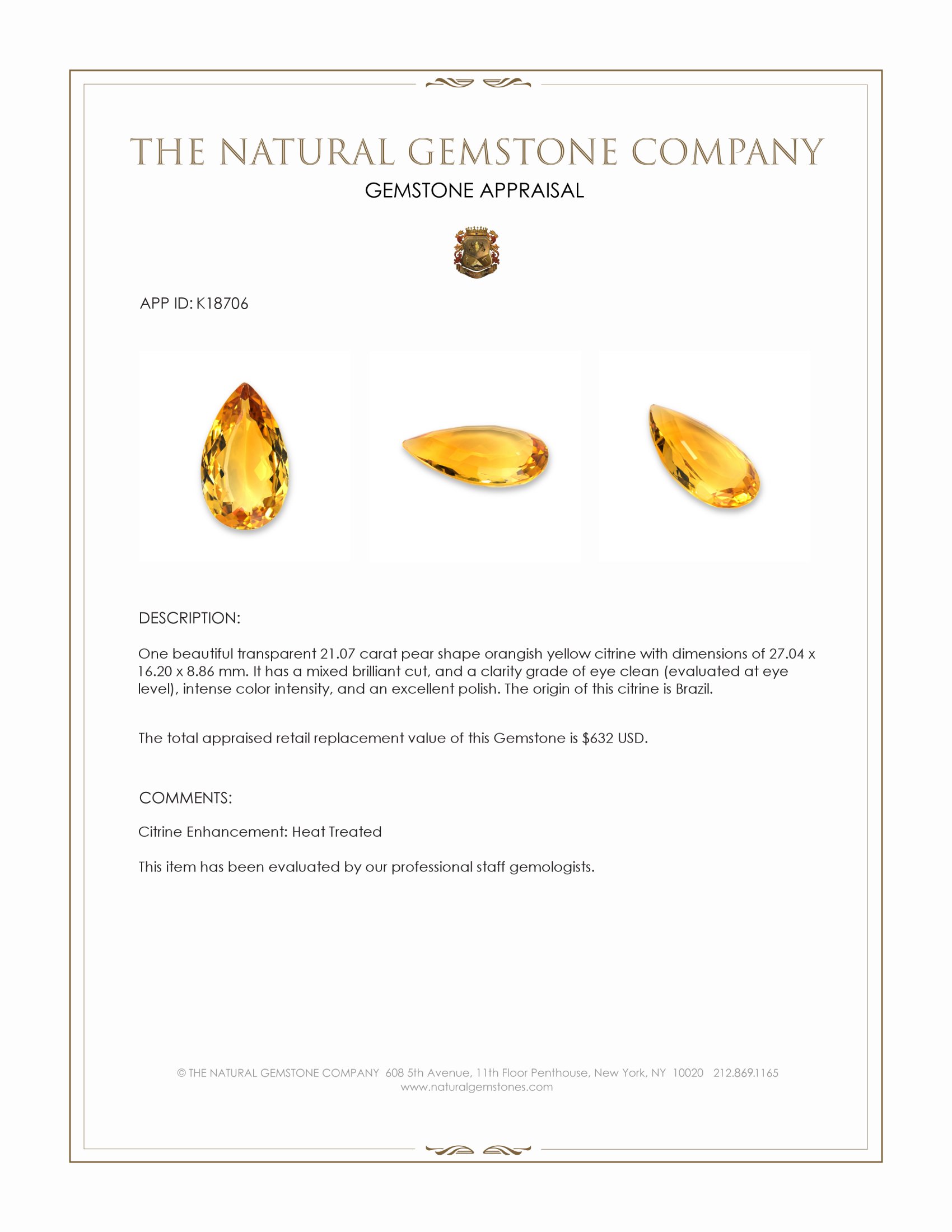 21.07 Ct. Orangish Yellow Citrine from Brazil