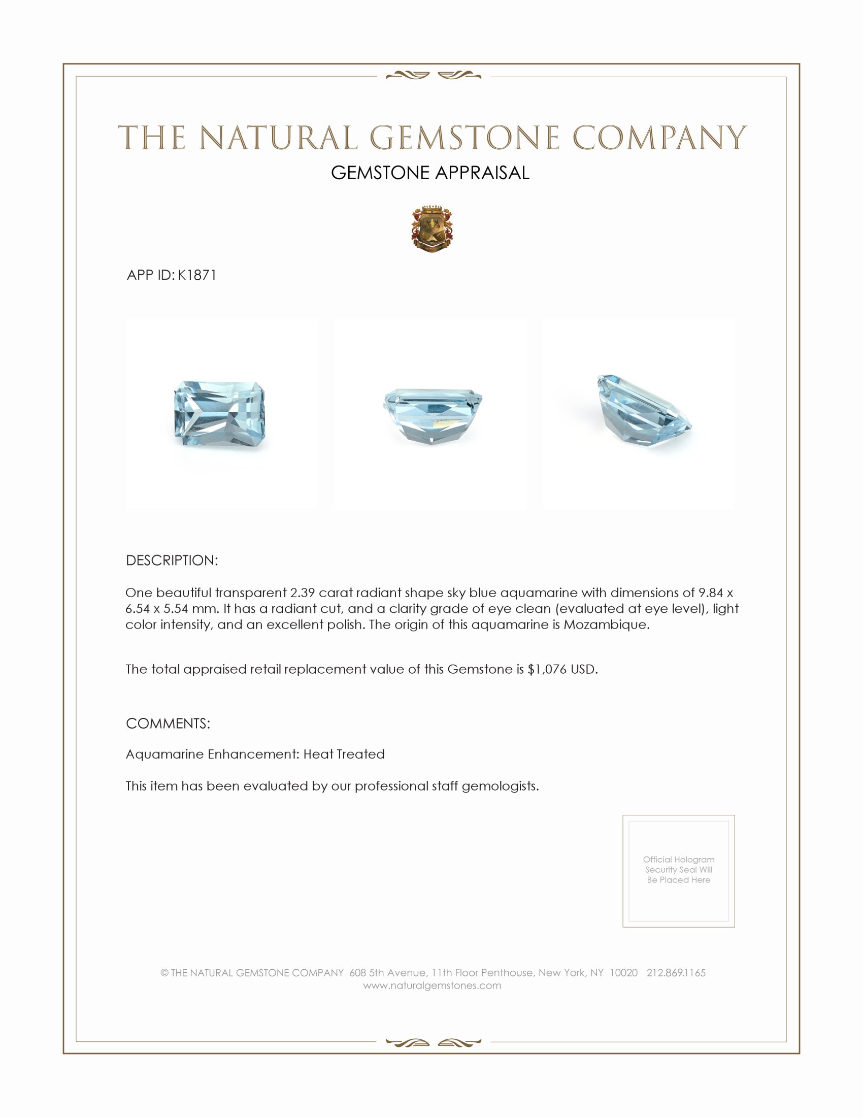 2.39 Ct. Aquamarine from Mozambique