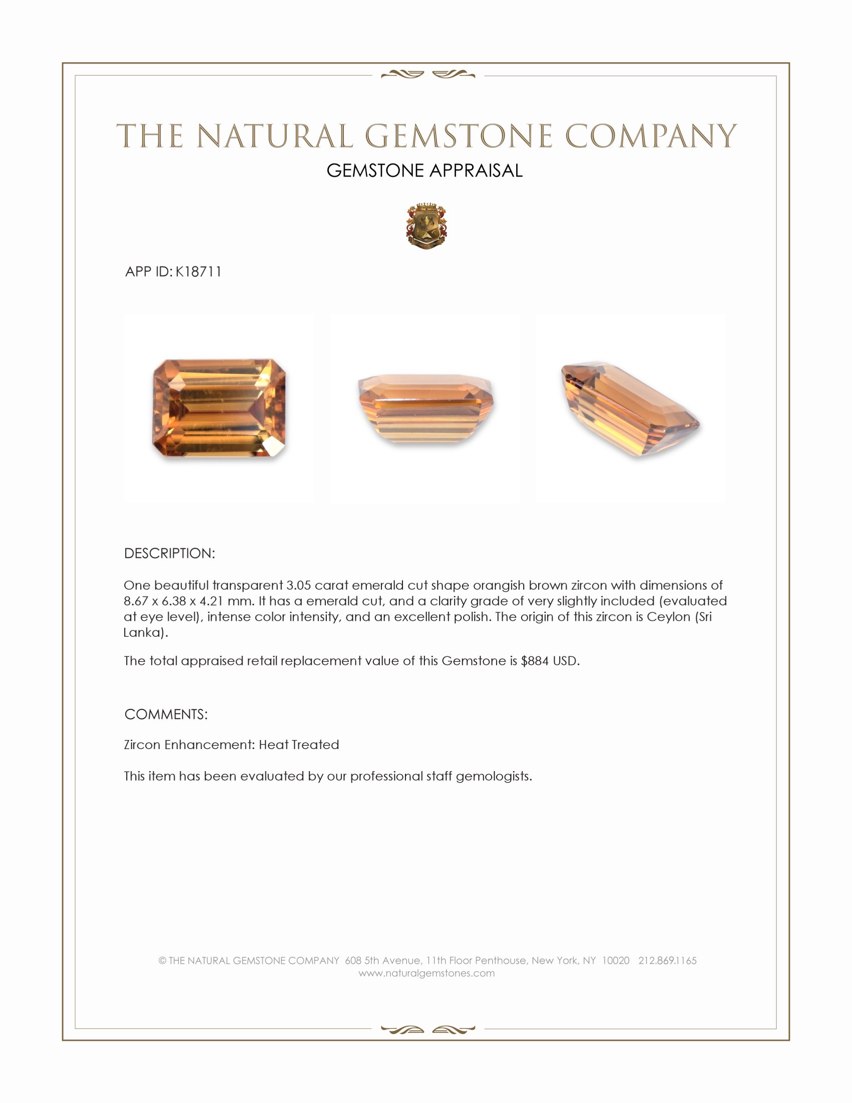 3.05 Ct. Orangish Brown Zircon from Ceylon (Sri Lanka)