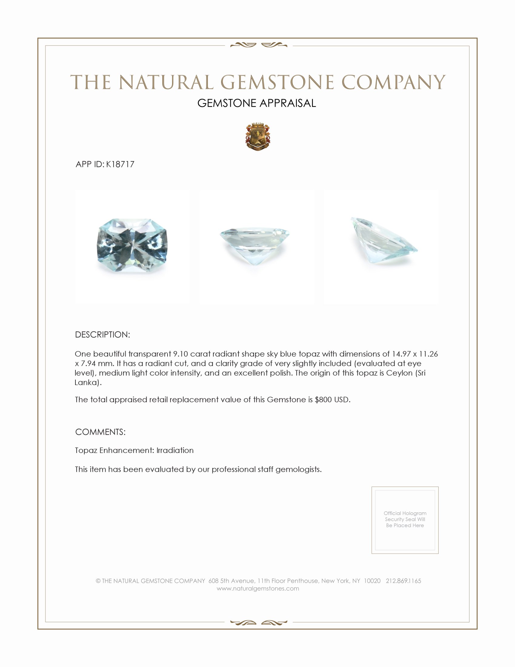 9.10 Ct. Sky Blue Topaz from Ceylon (Sri Lanka)