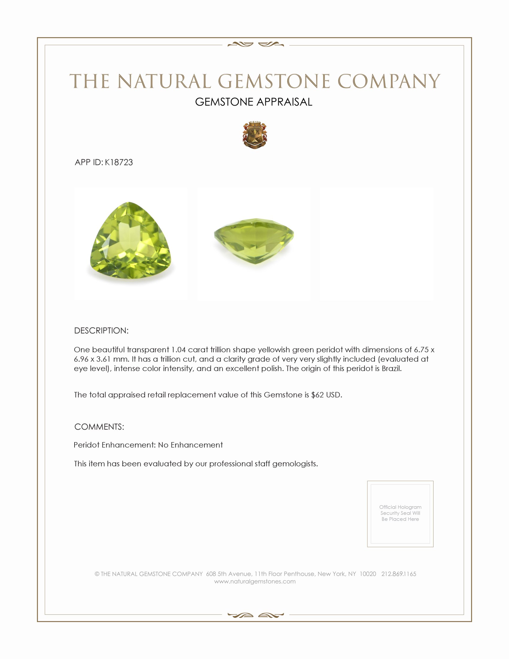 1.04 Ct. Yellowish Green Peridot from Pakistan