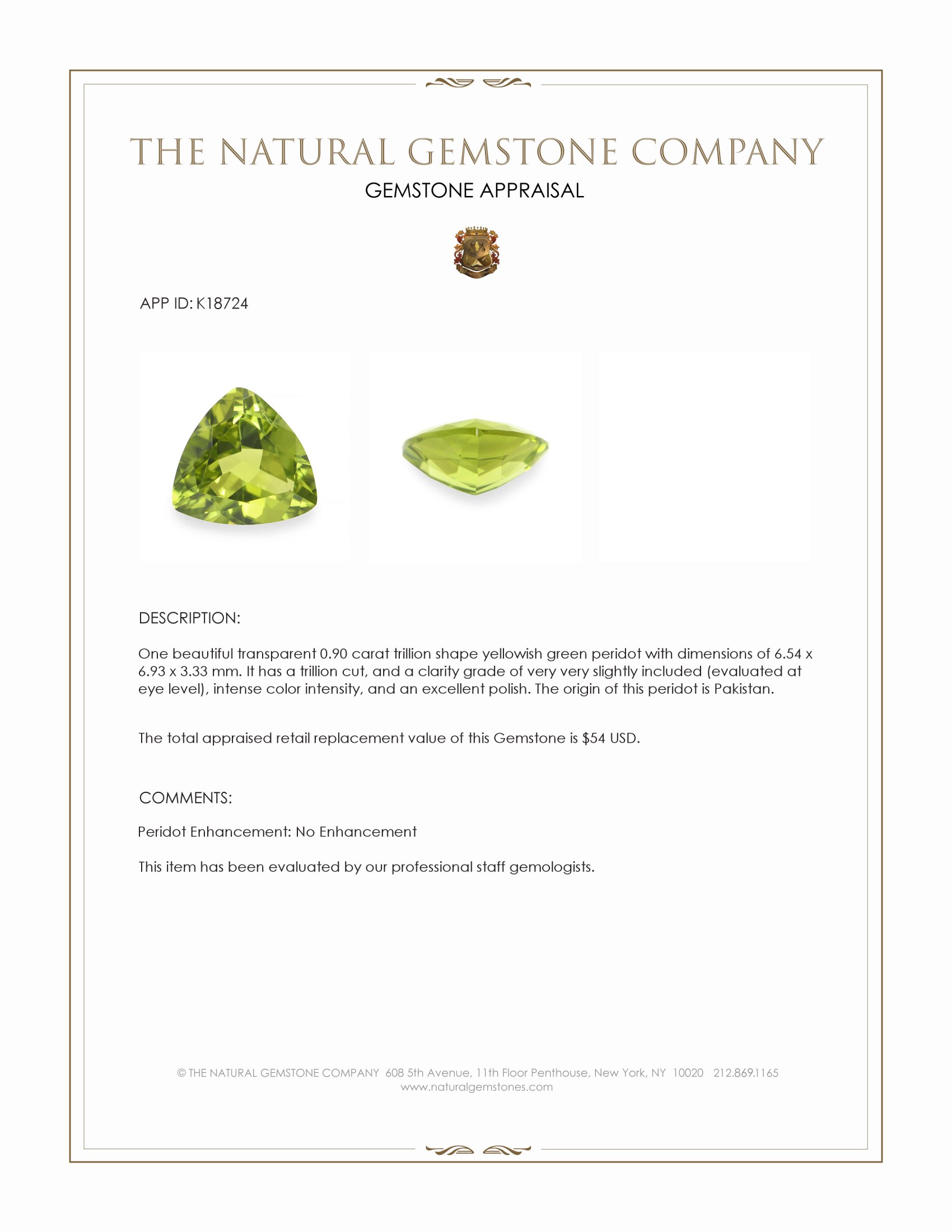 0.90 Ct. Yellowish Green Peridot from Pakistan