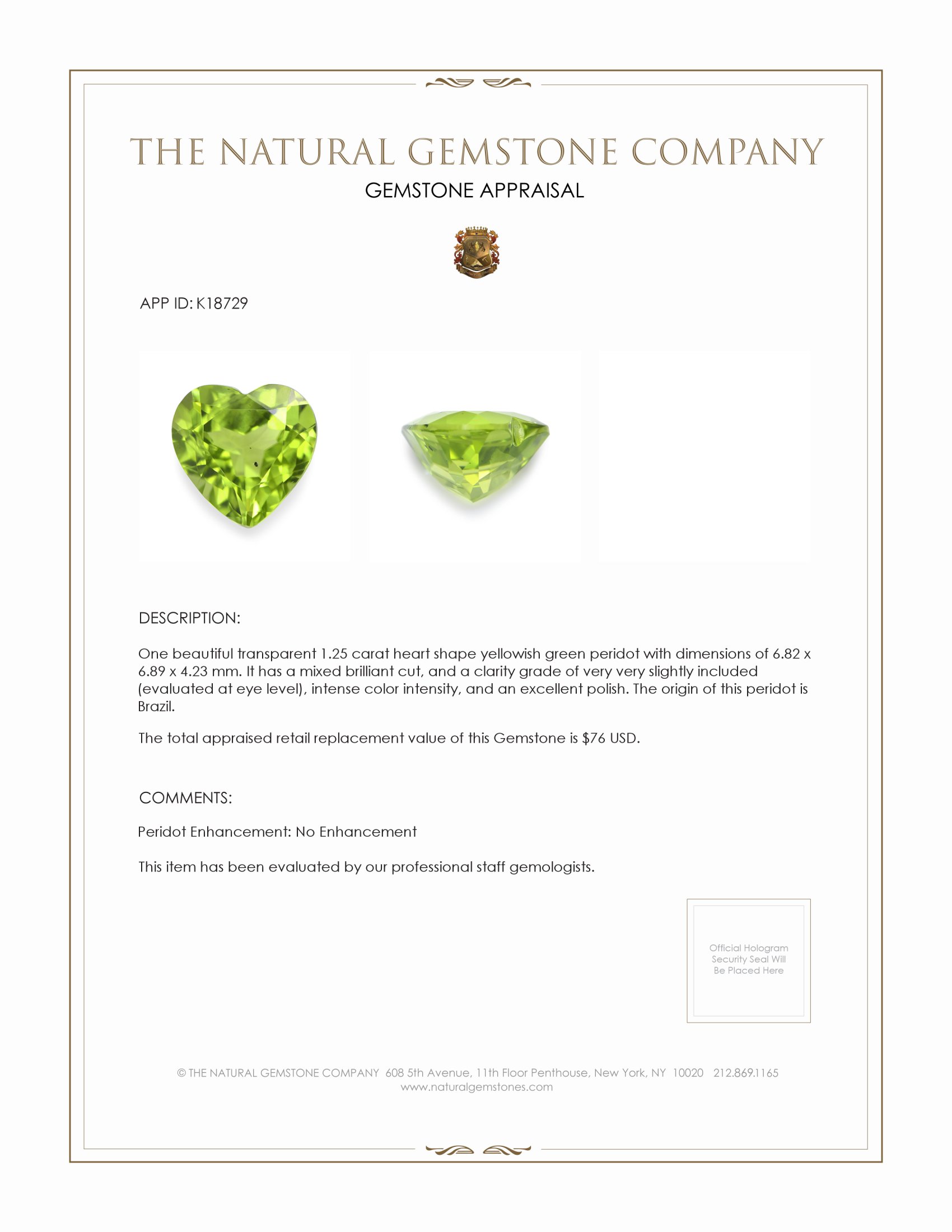 1.25 Ct. Yellowish Green Peridot from Pakistan