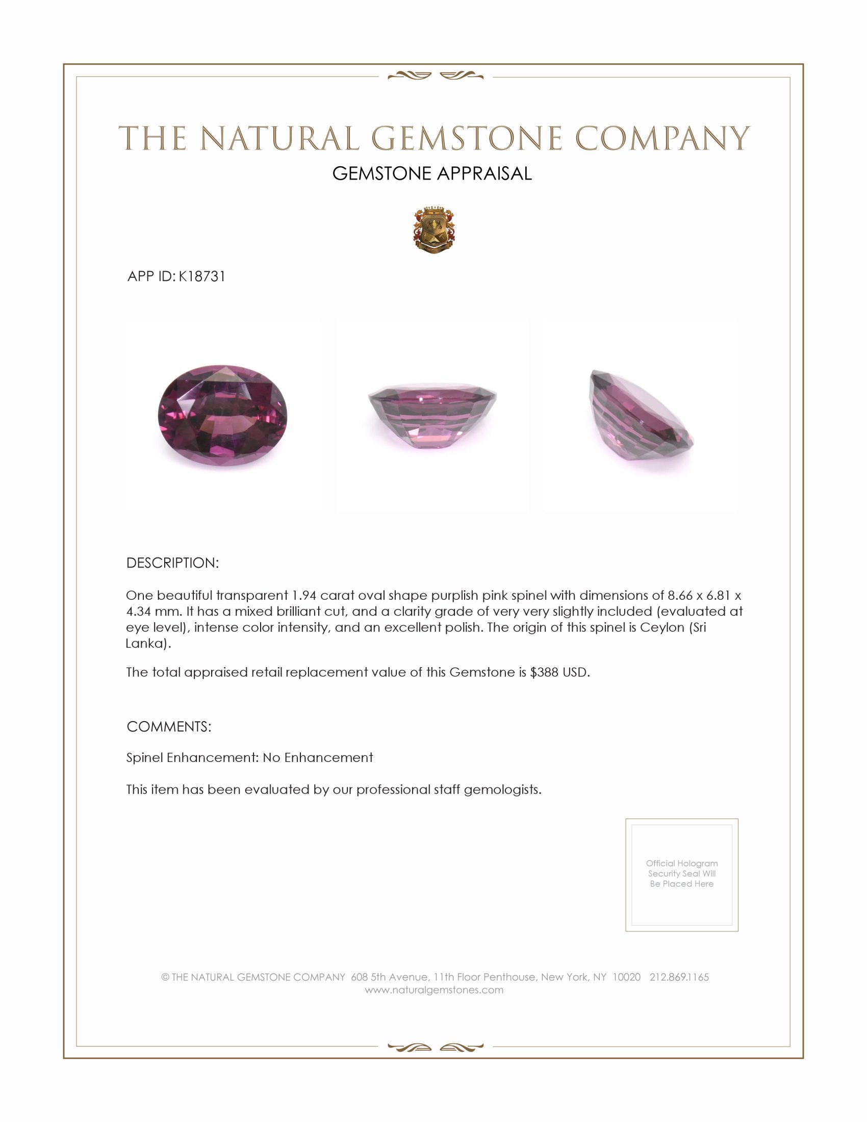1.94 Ct. Purplish Pink Spinel from Ceylon (Sri Lanka)