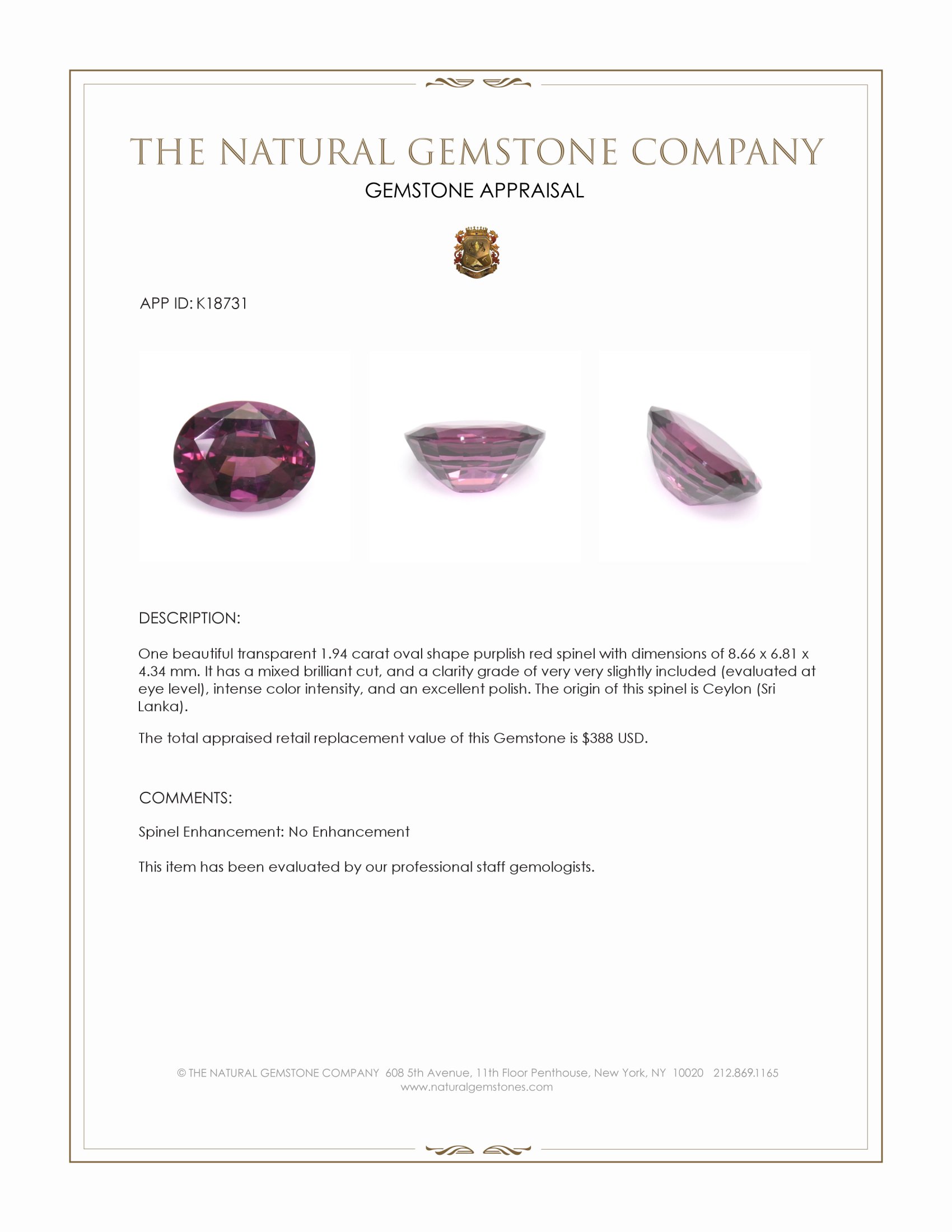 1.94 Ct. Purplish Red Spinel from Ceylon (Sri Lanka)