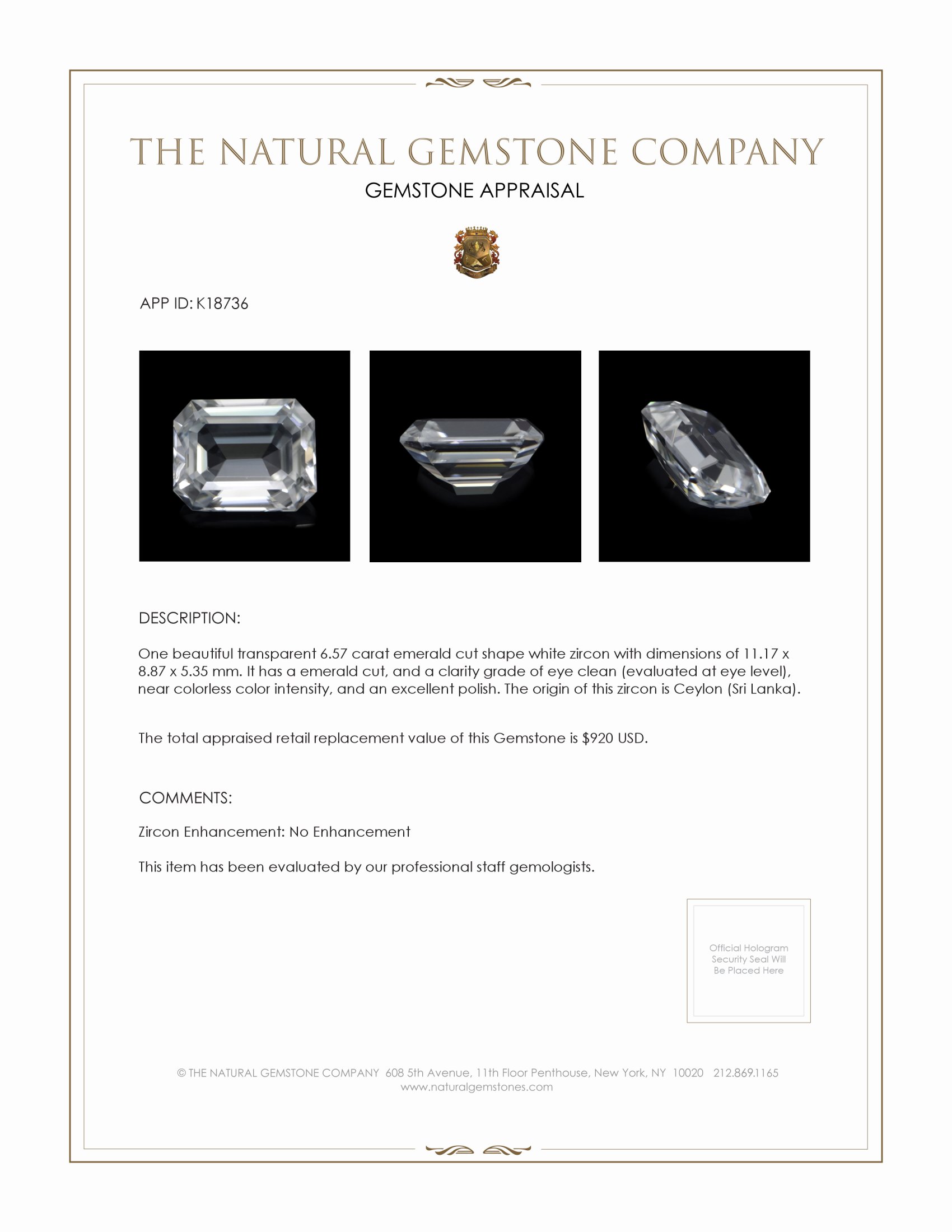 6.57 Ct. White Zircon from Ceylon (Sri Lanka)