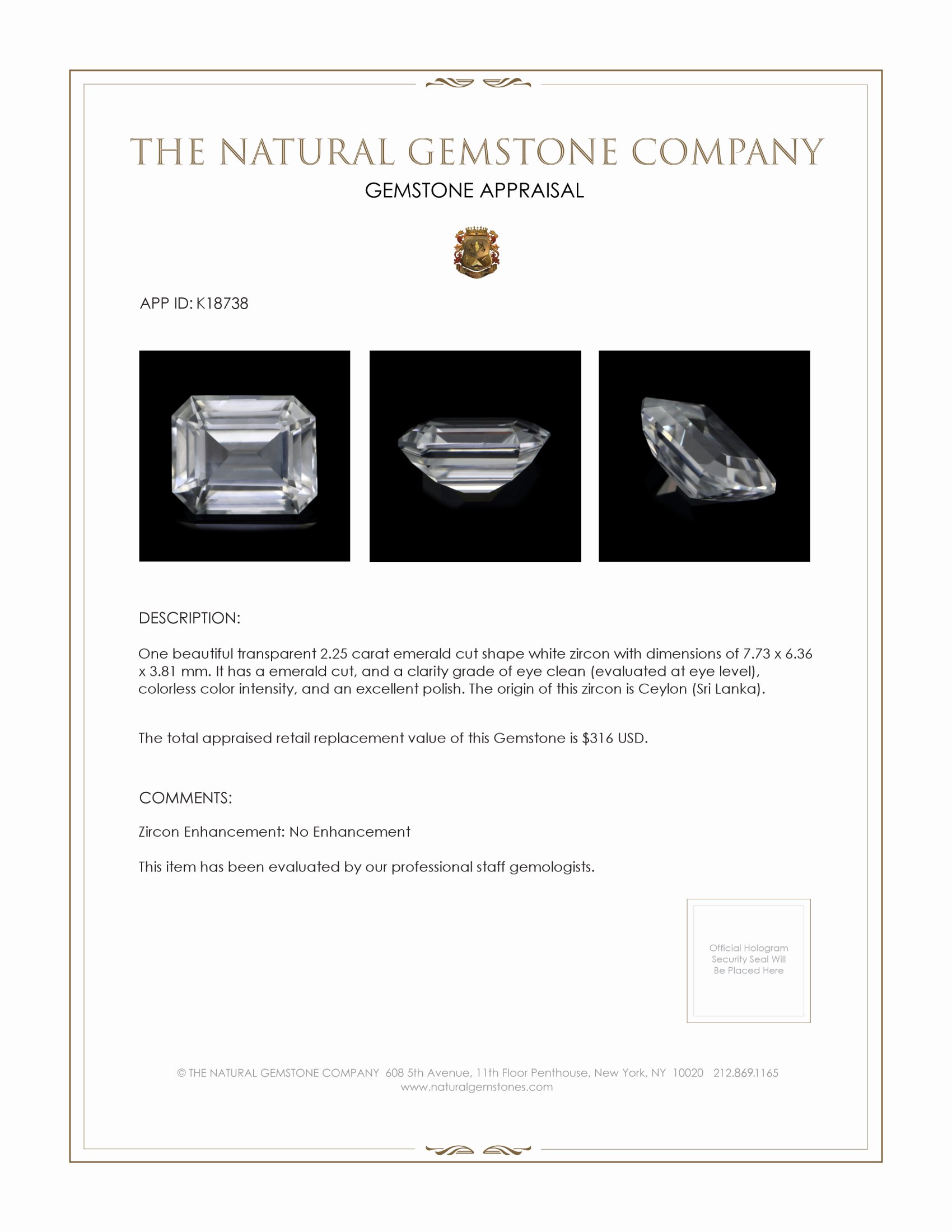 2.25 Ct. White Zircon from Ceylon (Sri Lanka)