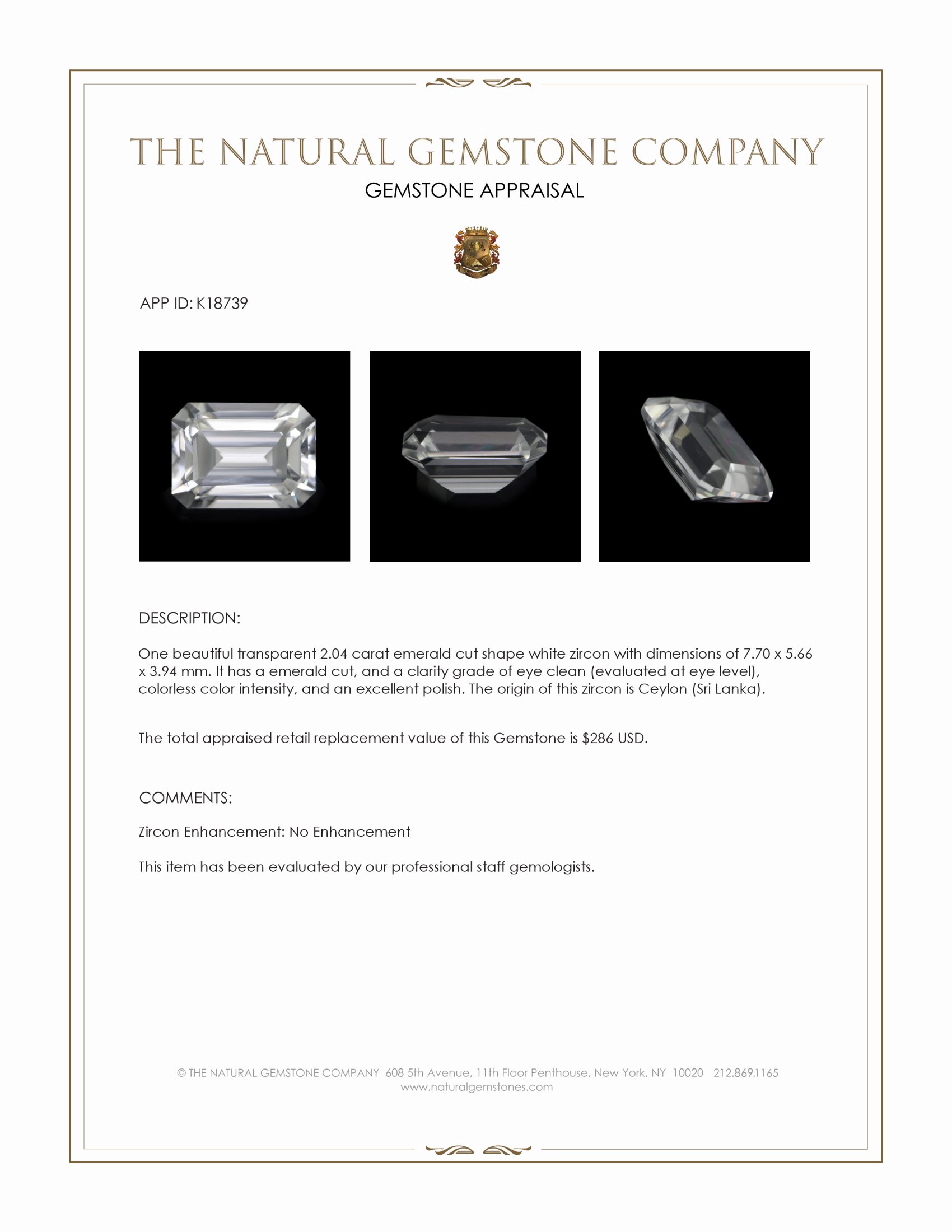 2.04 Ct. White Zircon from Ceylon (Sri Lanka)