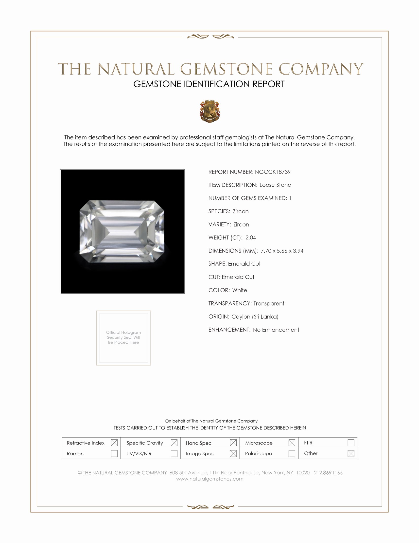 2.04 Ct. White Zircon from Ceylon (Sri Lanka)