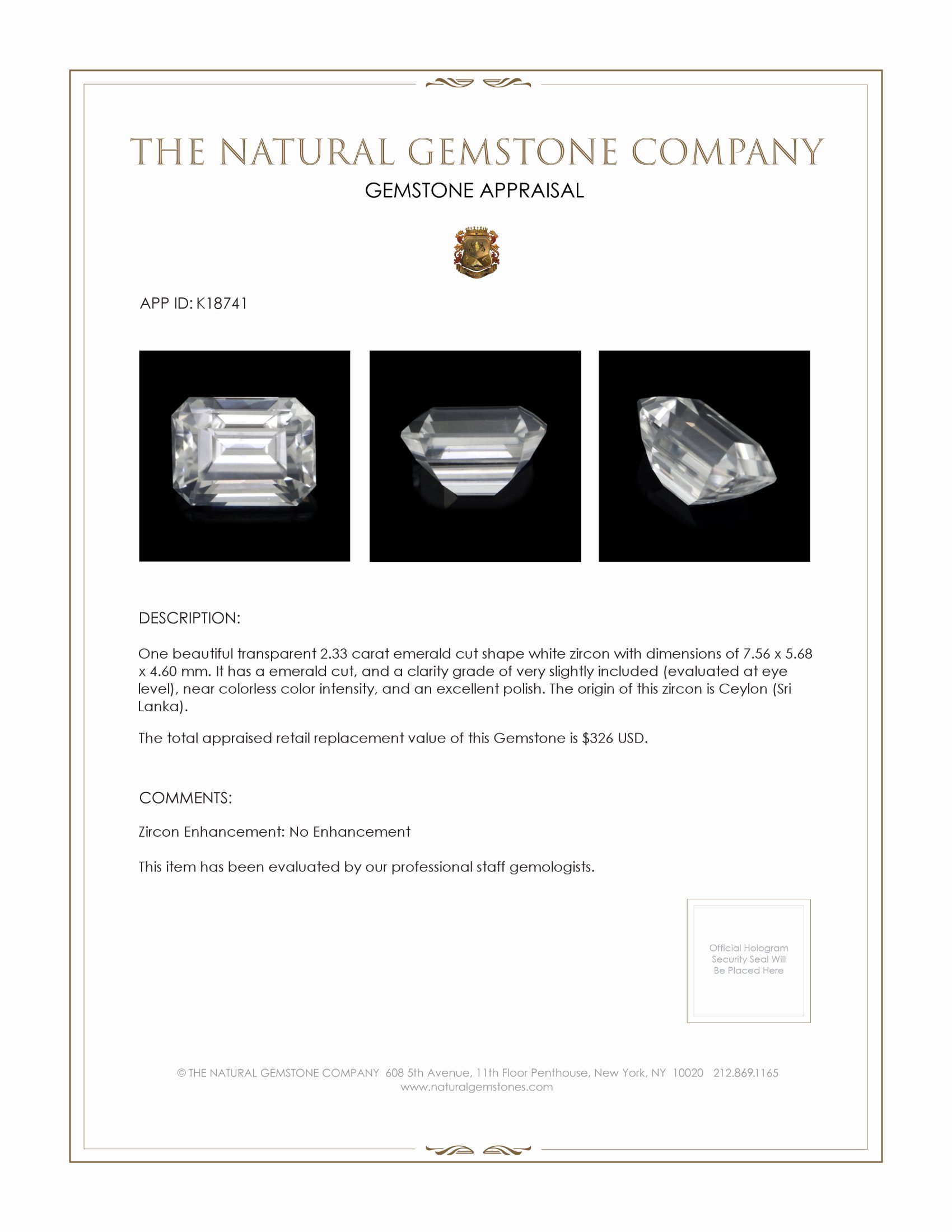 2.33 Ct. White Zircon from Ceylon (Sri Lanka)