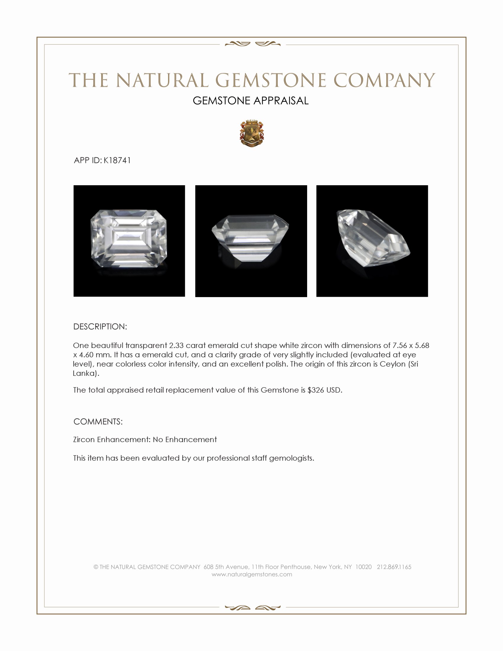 2.33 Ct. Zircon from Ceylon (Sri Lanka)