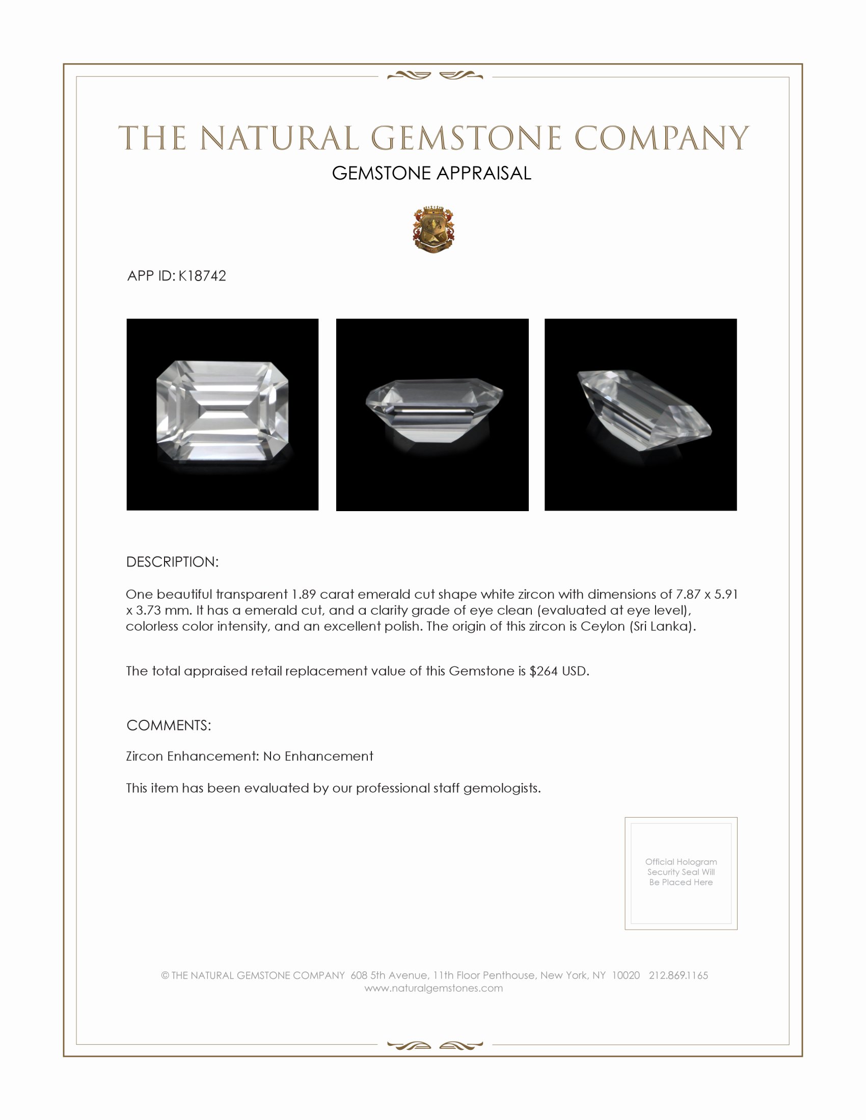 1.89 Ct. White Zircon from Ceylon (Sri Lanka)