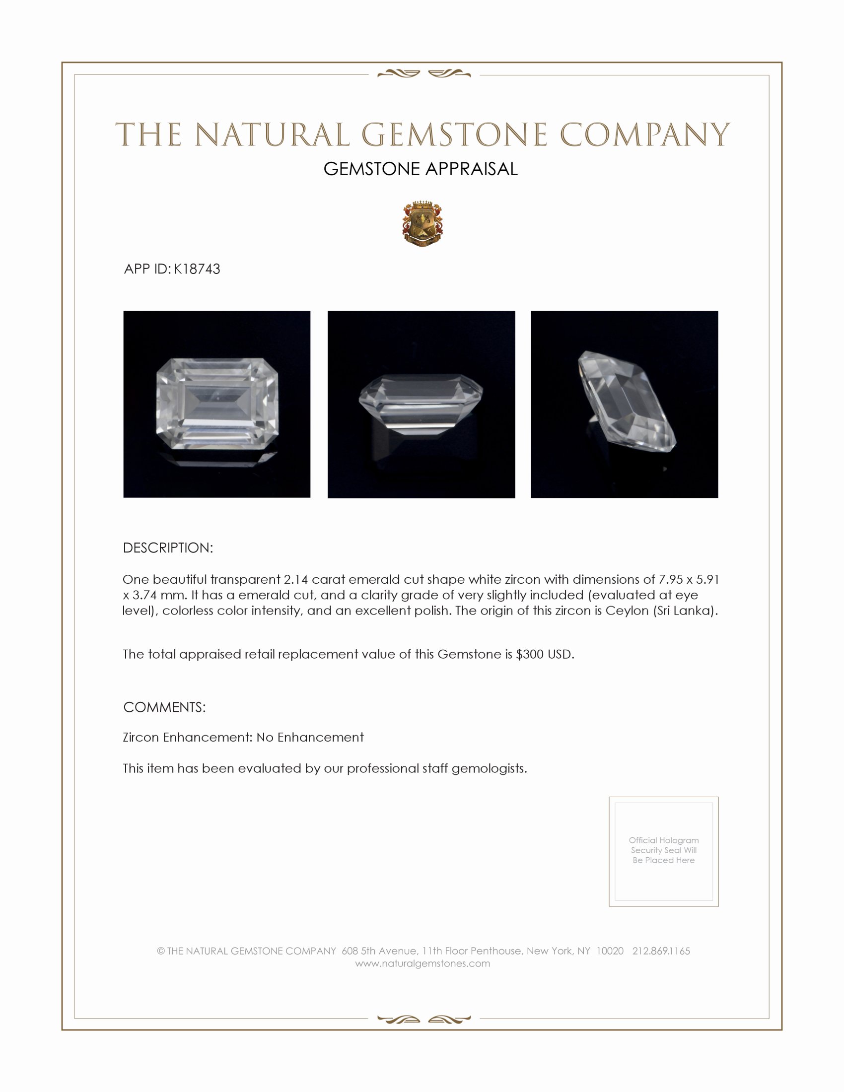 2.14 Ct. White Zircon from Ceylon (Sri Lanka)