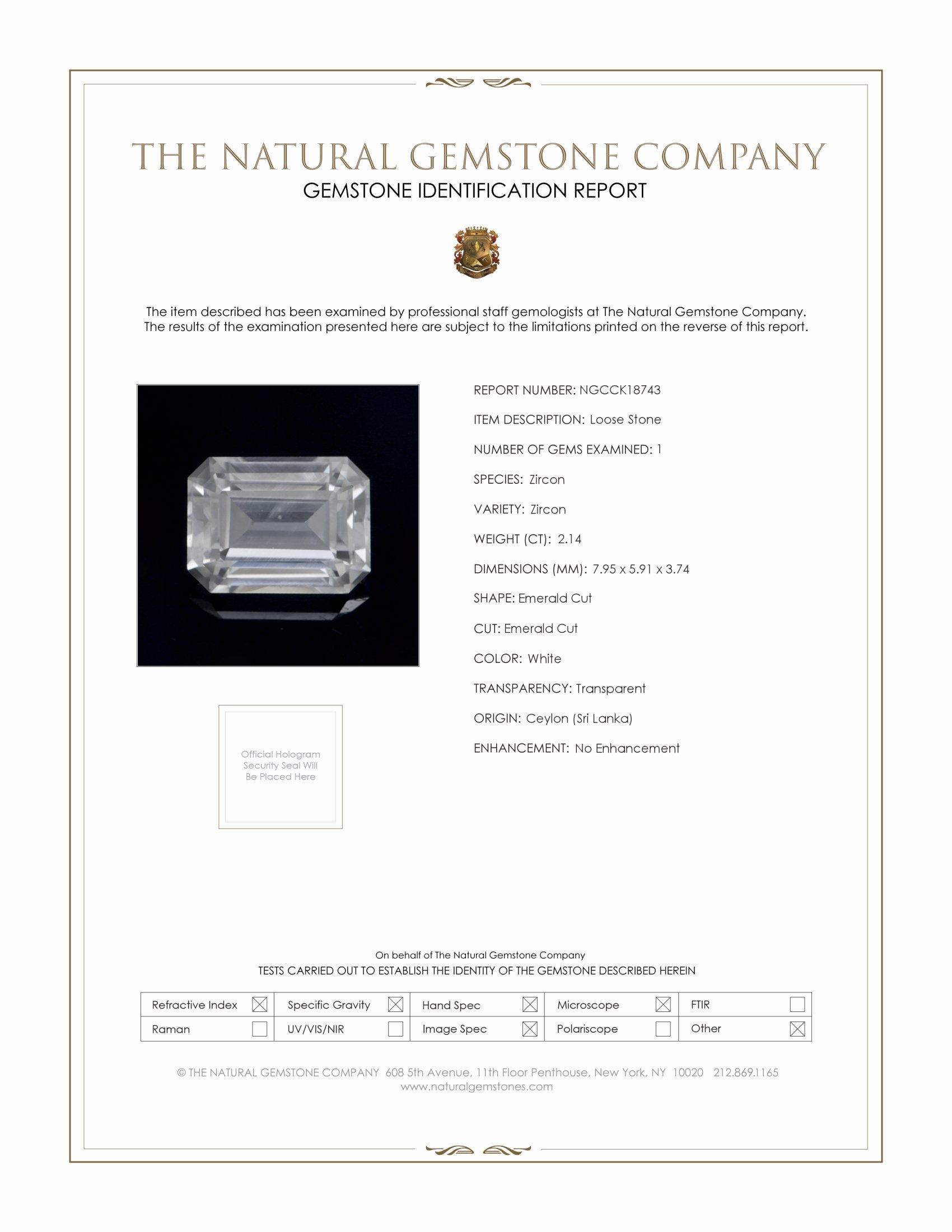2.14 Ct. White Zircon from Ceylon (Sri Lanka)
