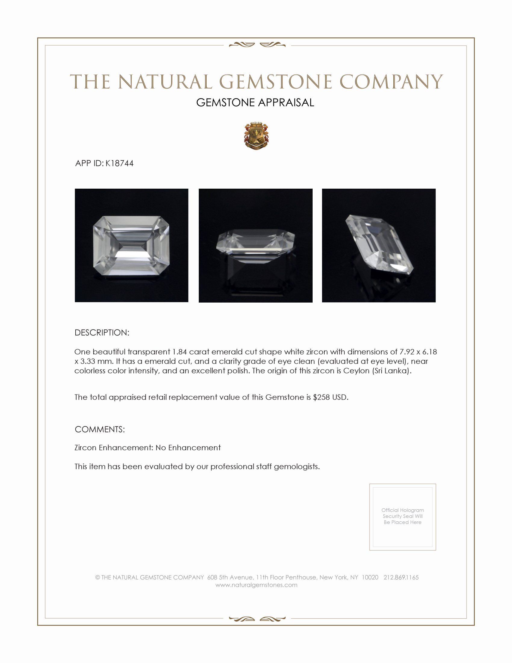 1.84 Ct. White Zircon from Ceylon (Sri Lanka)