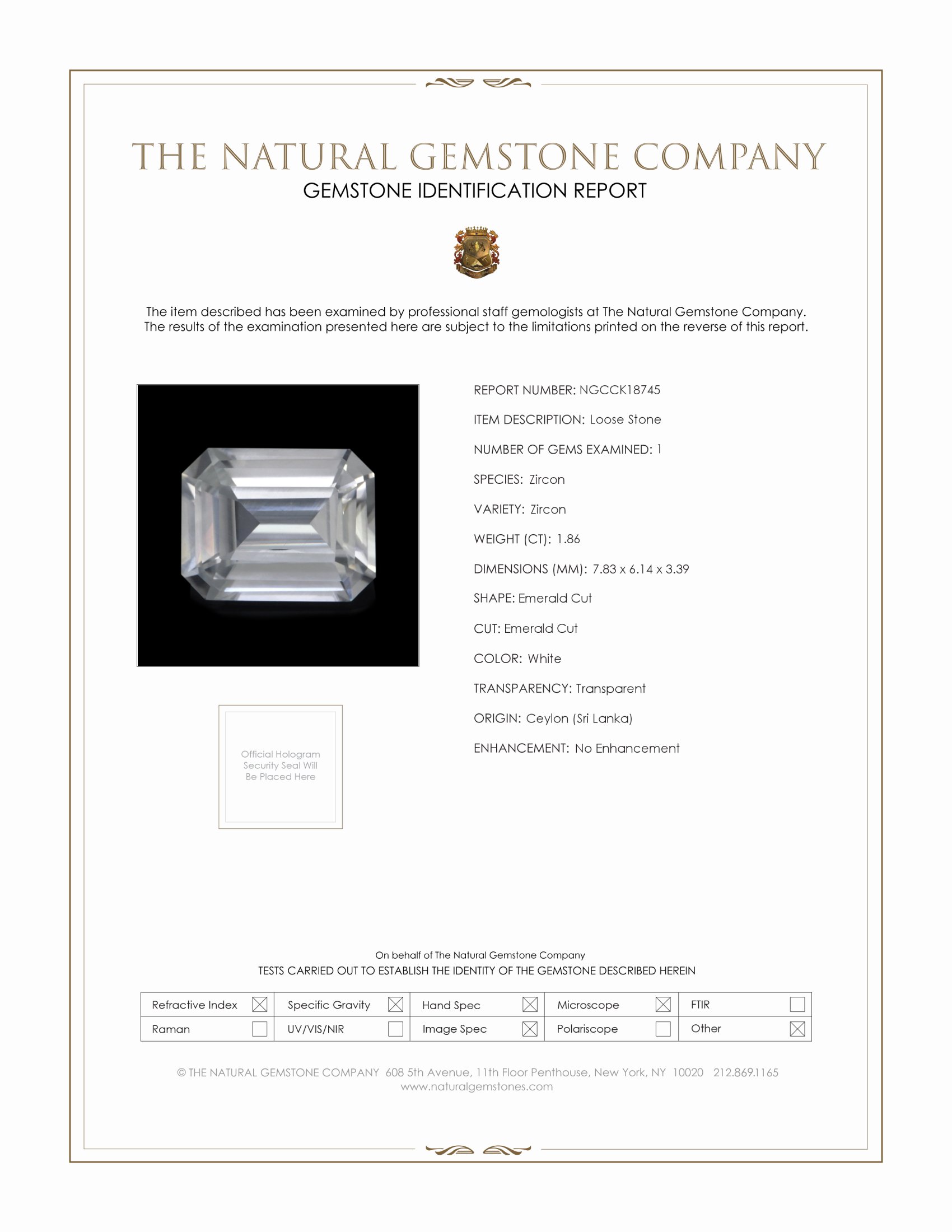 1.86 Ct. White Zircon from Ceylon (Sri Lanka)