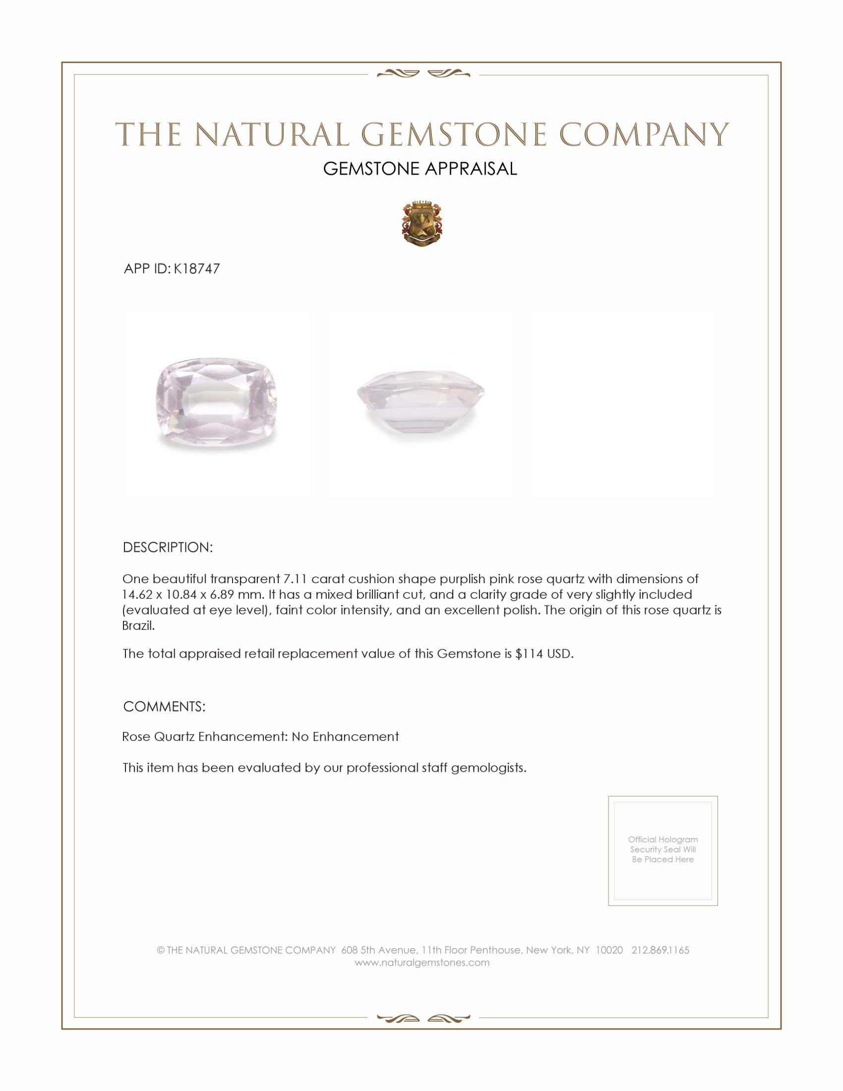 7.11 Ct. Rose Quartz from Brazil