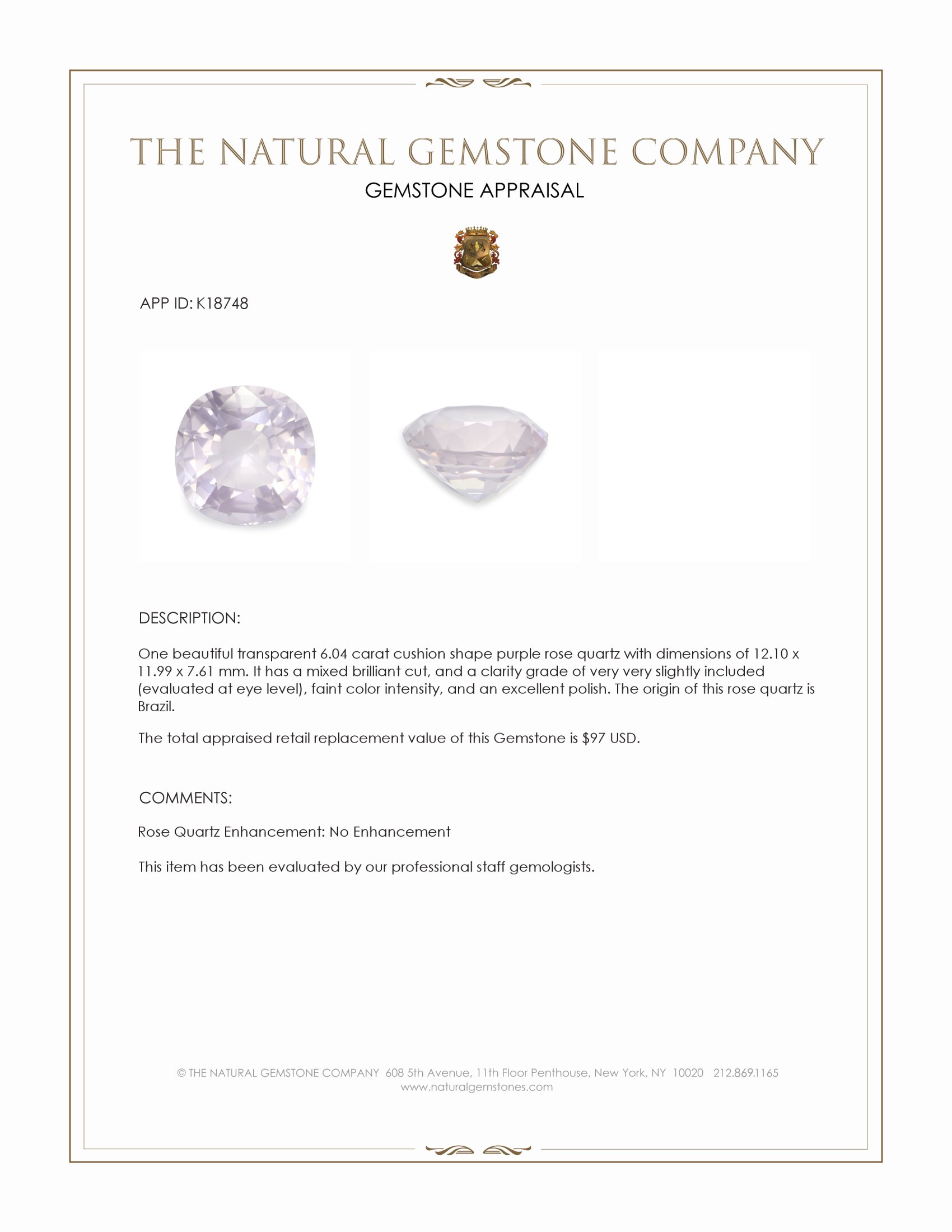 6.04 Ct. Purple Rose Quartz from Brazil