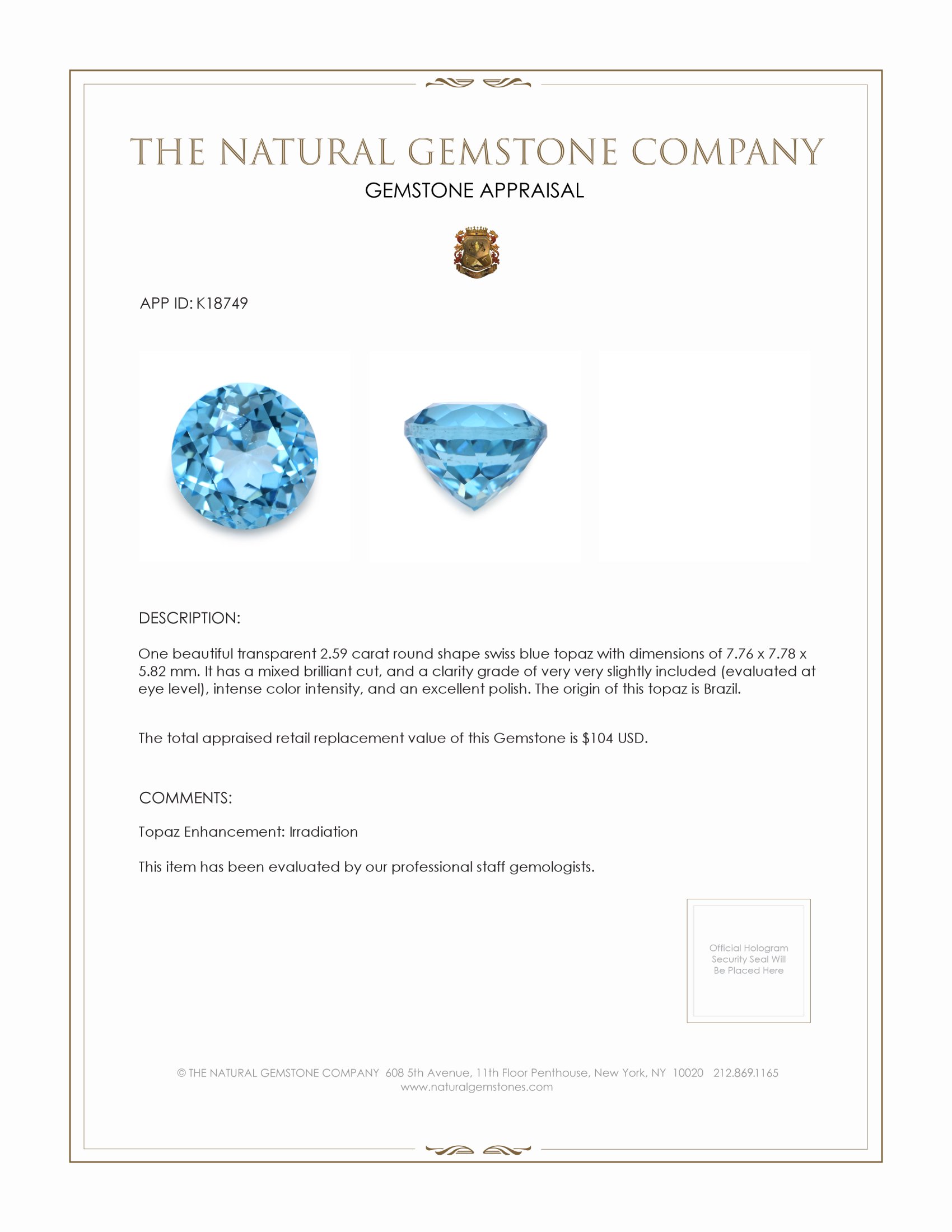 2.59 Ct. Swiss Blue Topaz from Brazil