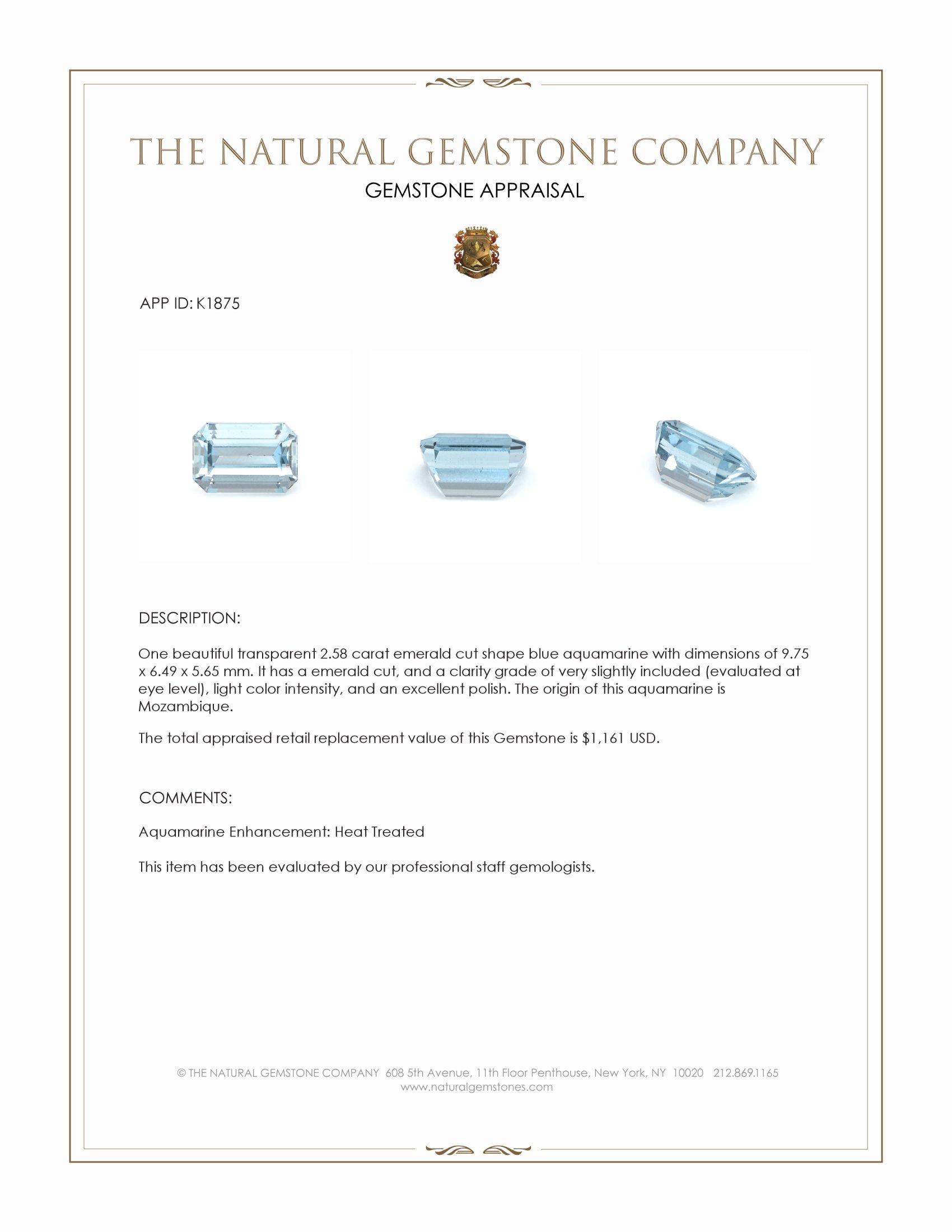 2.58 Ct. Blue Aquamarine from Mozambique