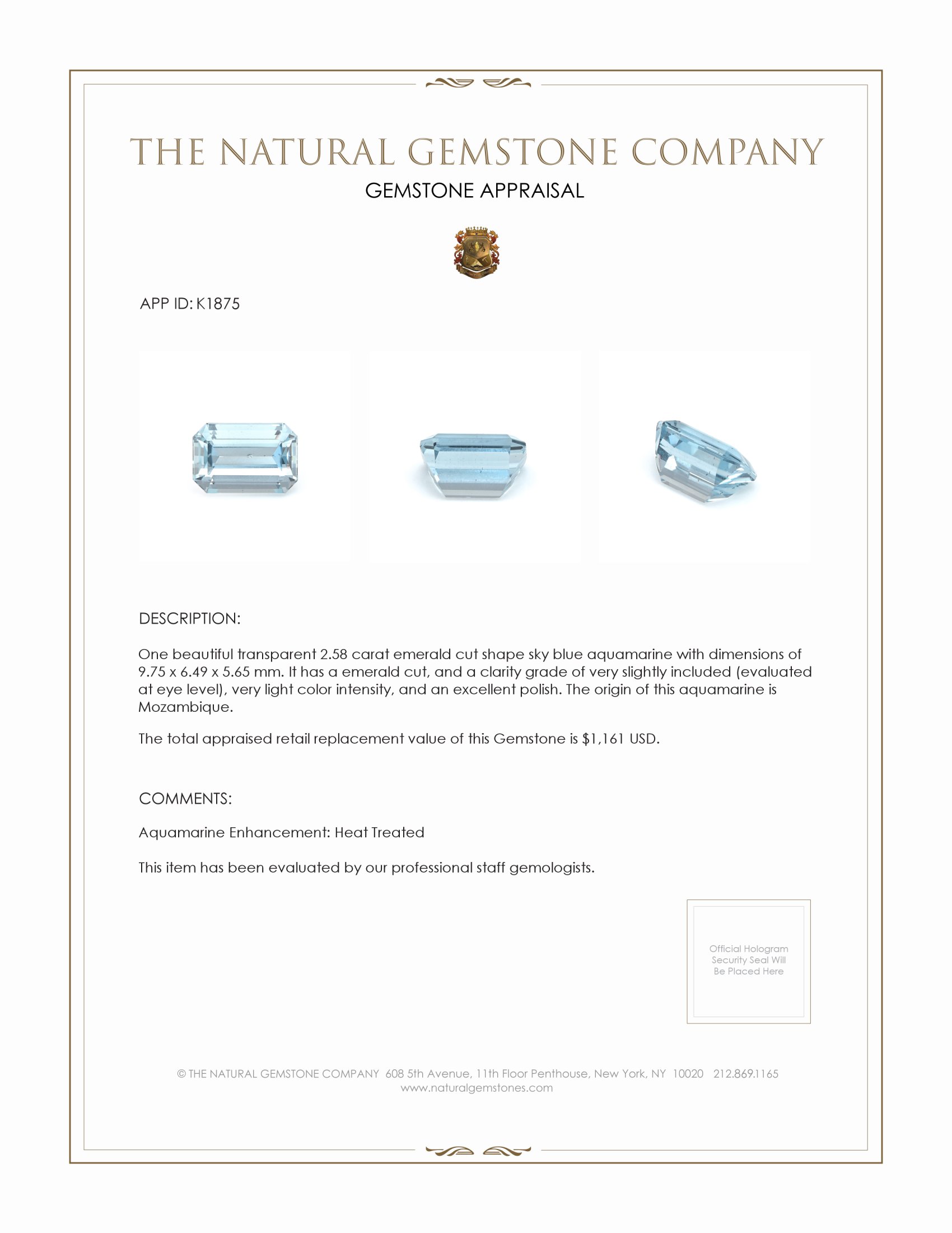 2.58 Ct. Aquamarine from Mozambique