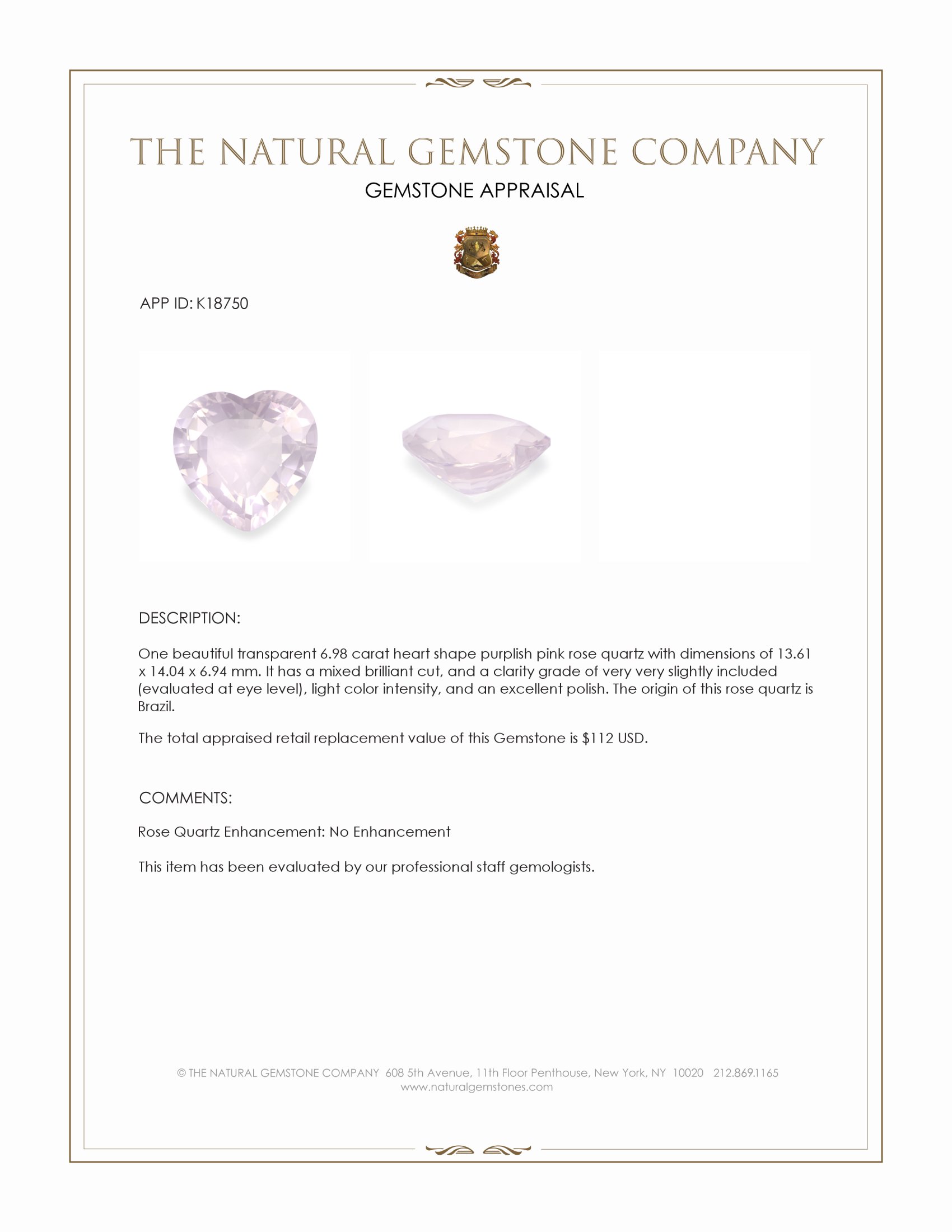 6.98 Ct. Rose Quartz from Brazil