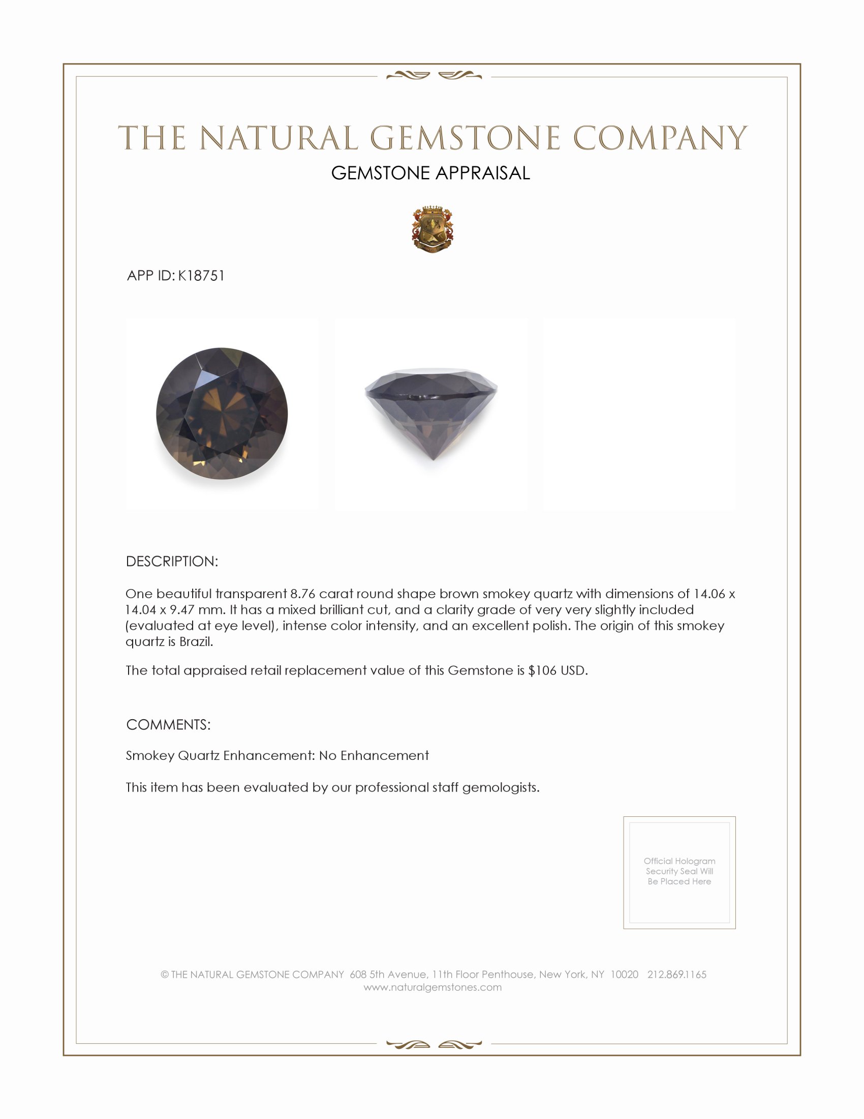 8.76 Ct. Brown Smoky Quartz from Brazil