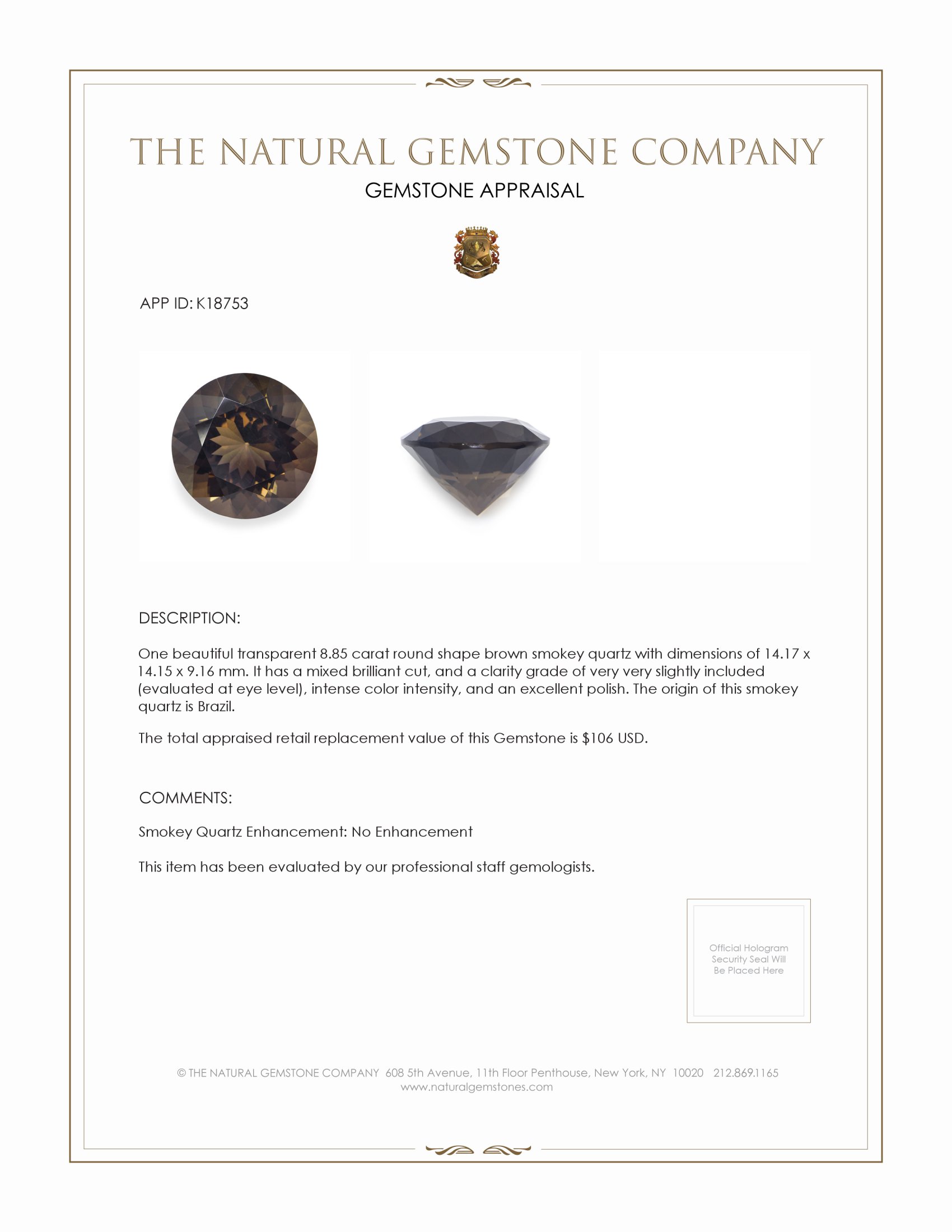 8.85 Ct. Brown Smoky Quartz from Brazil