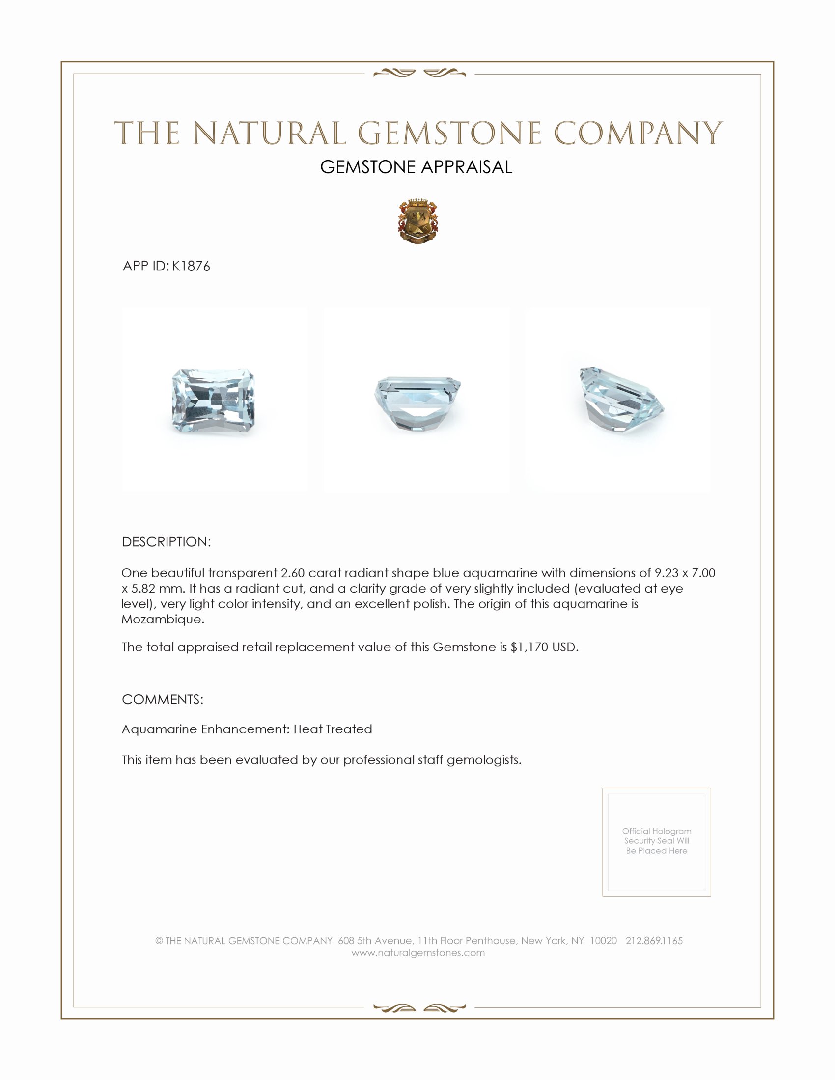 2.60 Ct. Aquamarine from Mozambique