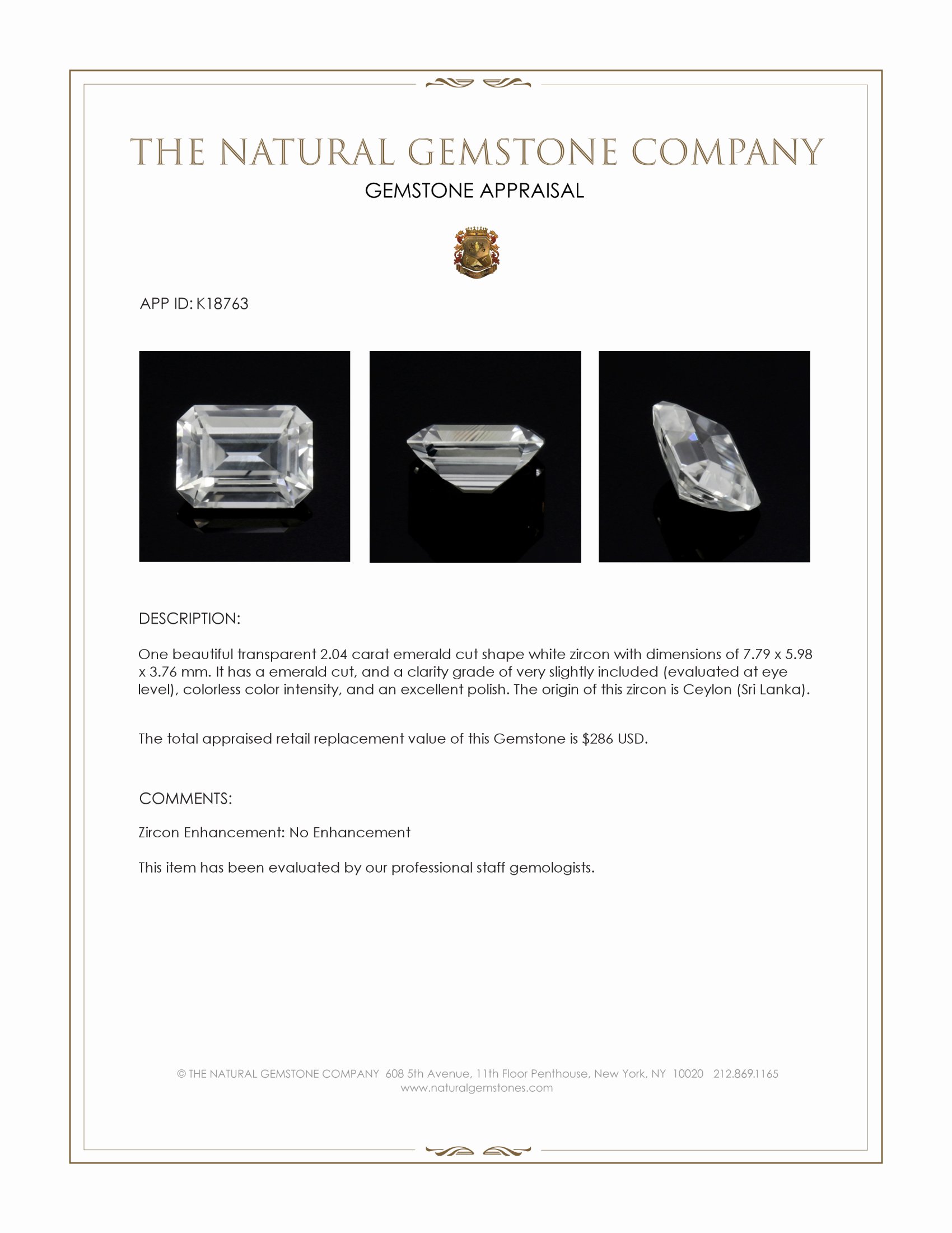 2.04 Ct. Zircon from Ceylon (Sri Lanka)