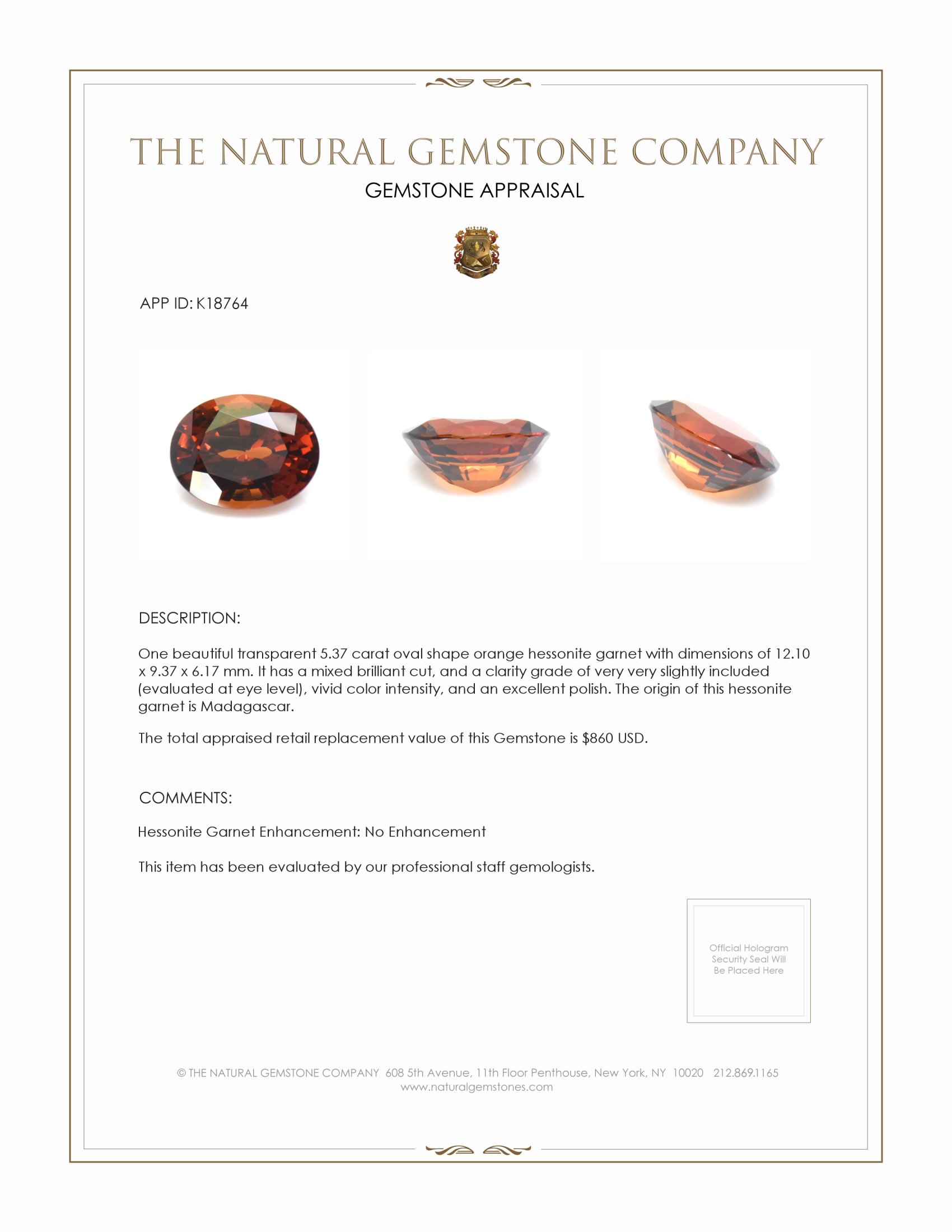 5.37 Ct. Hessonite Garnet from Madagascar
