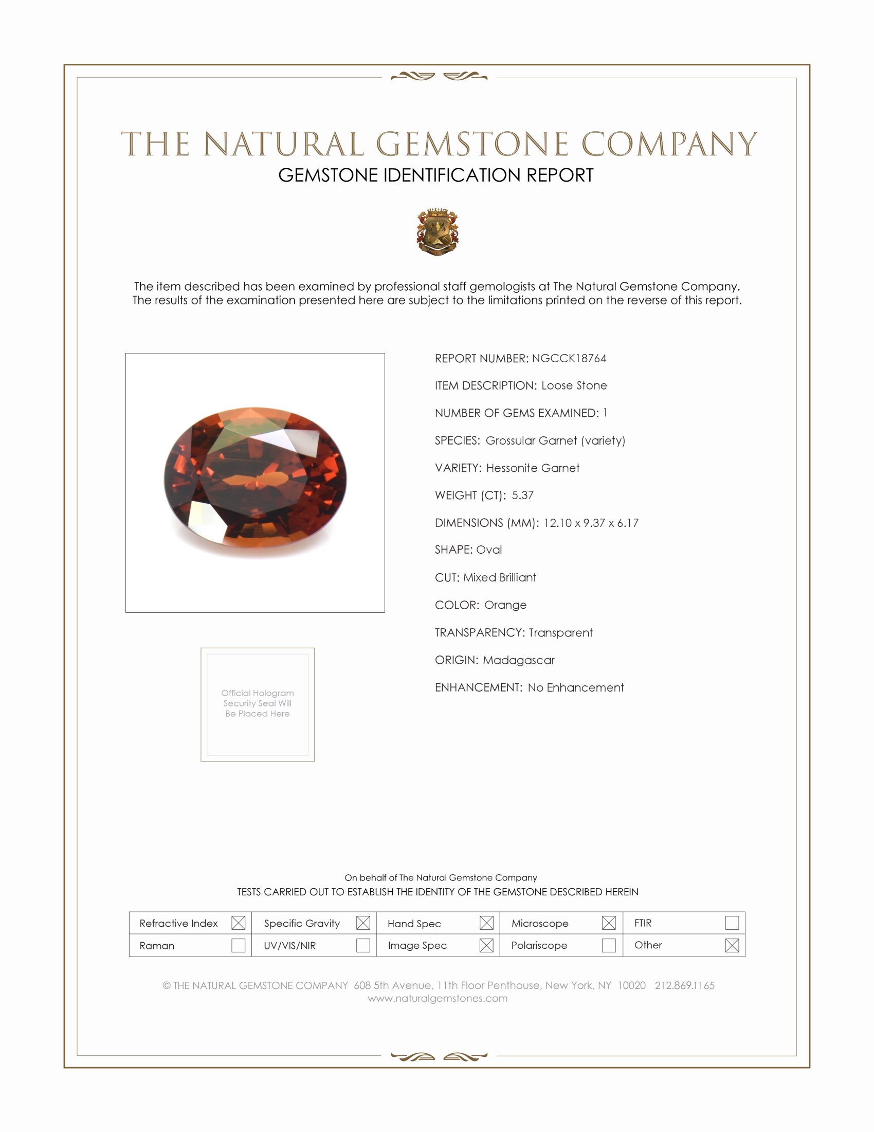 5.37 Ct. Hessonite Garnet from Madagascar