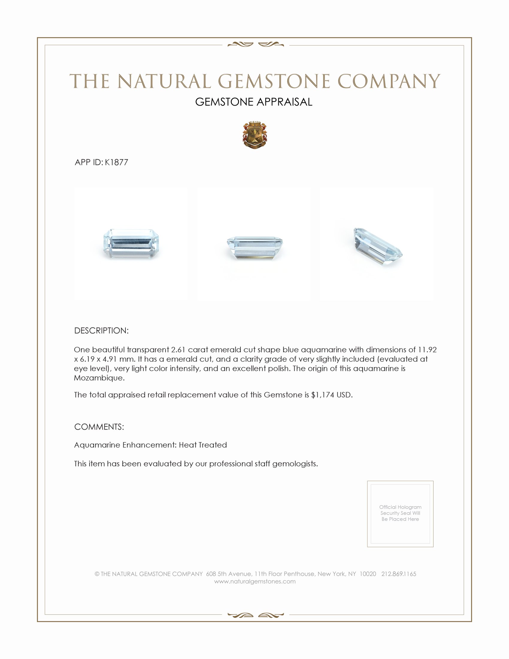 2.61 Ct. Aquamarine from Mozambique