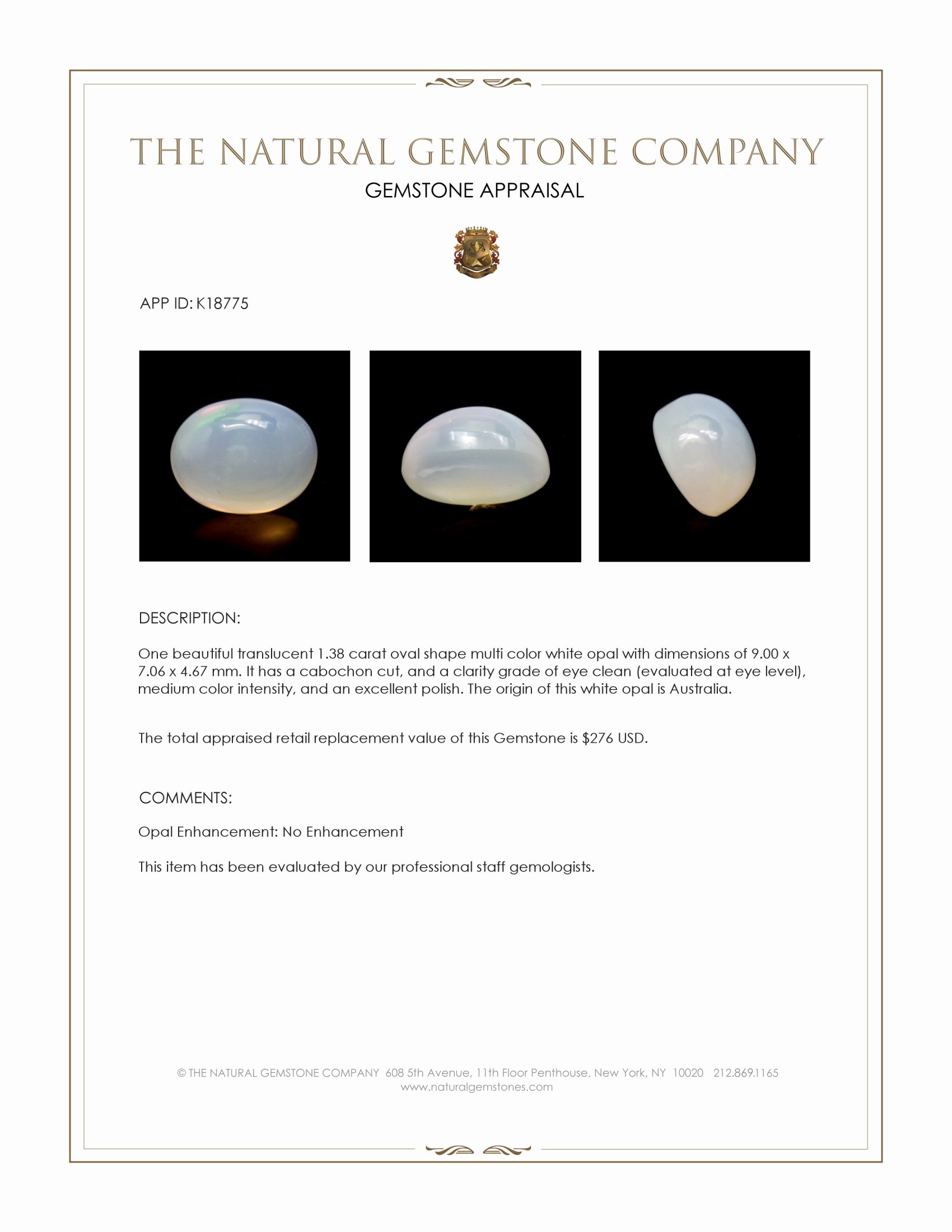 1.38 Ct. Cabochon White Opal from Australia