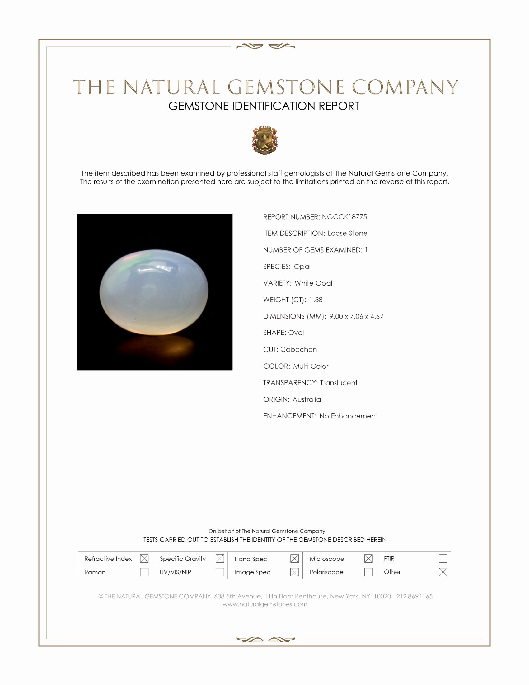 1.38 Ct. Multi Color Cabochon White Opal from Australia