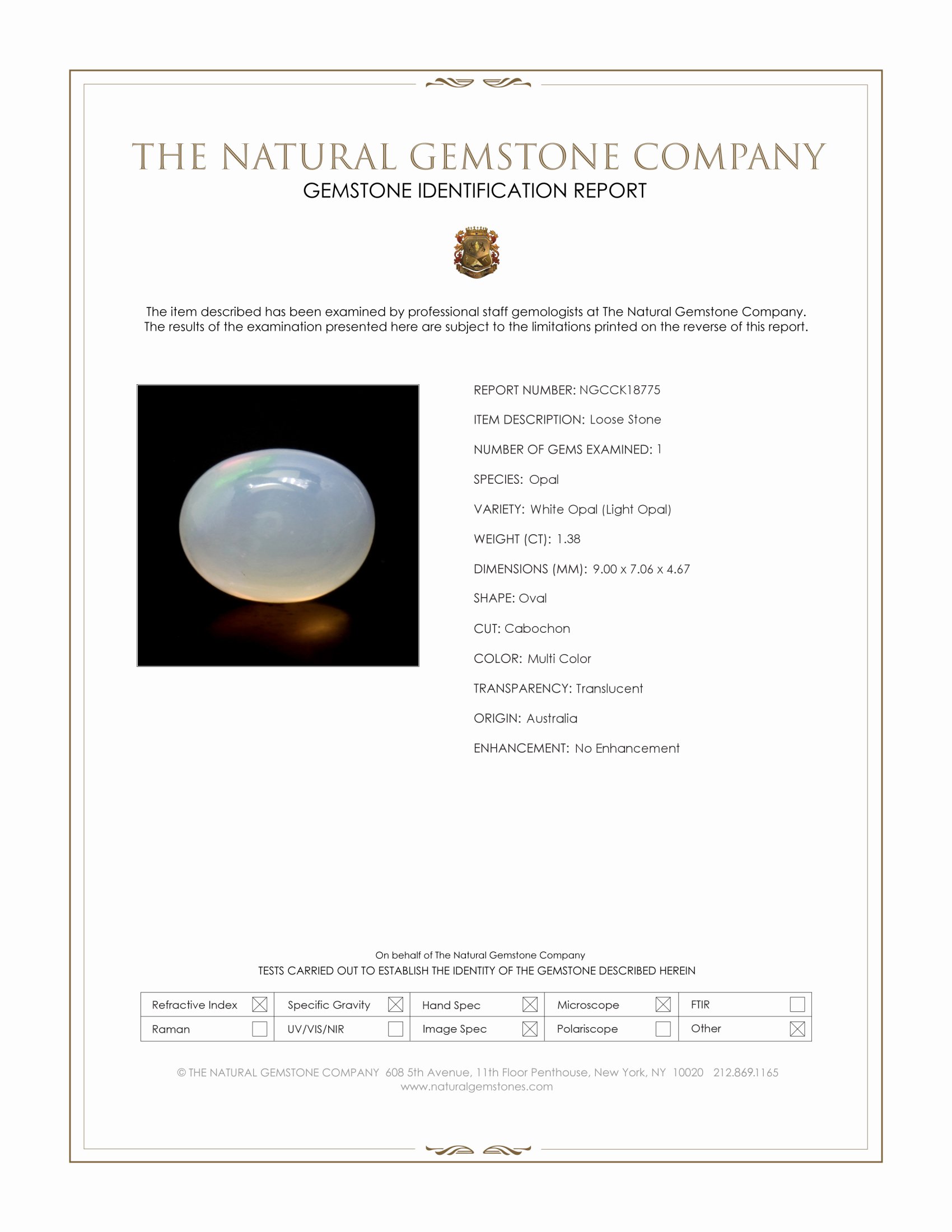 1.38 Ct. Multi Color Cabochon White Opal (Light Opal) from Australia