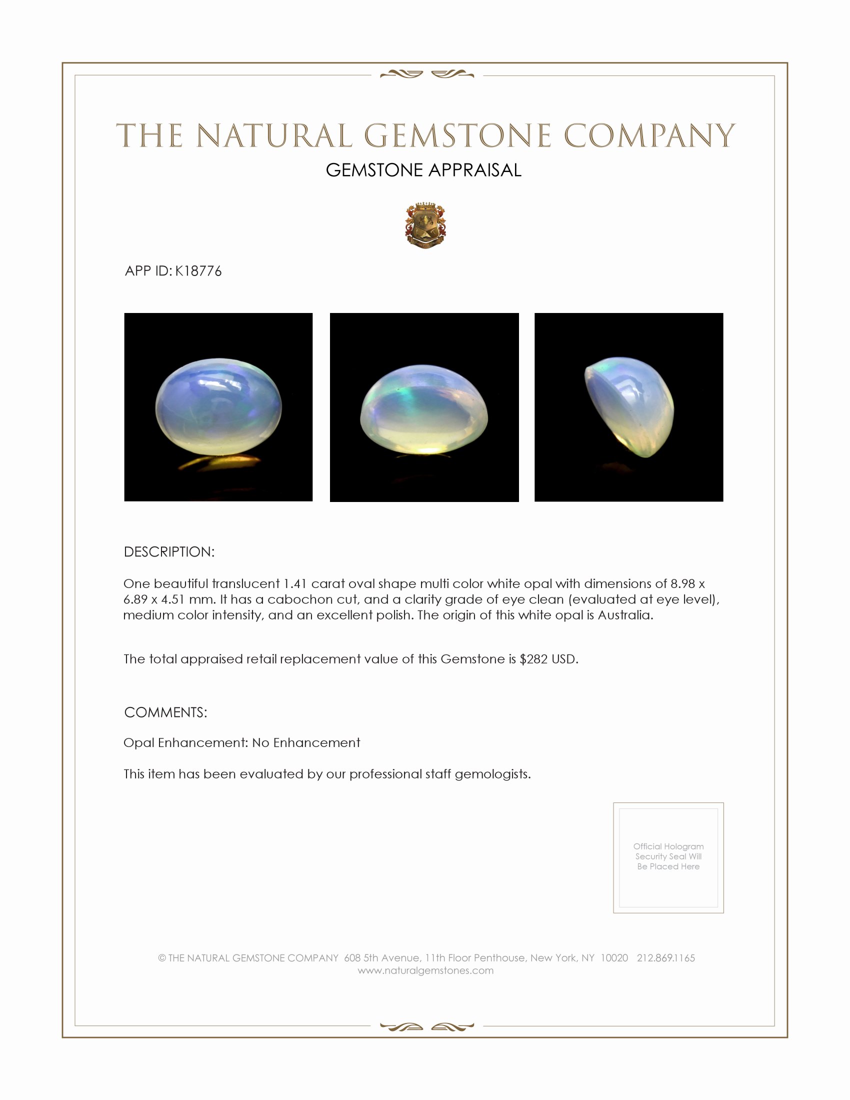 1.41 Ct. Multi Color Cabochon White Opal (Light Opal) from Australia